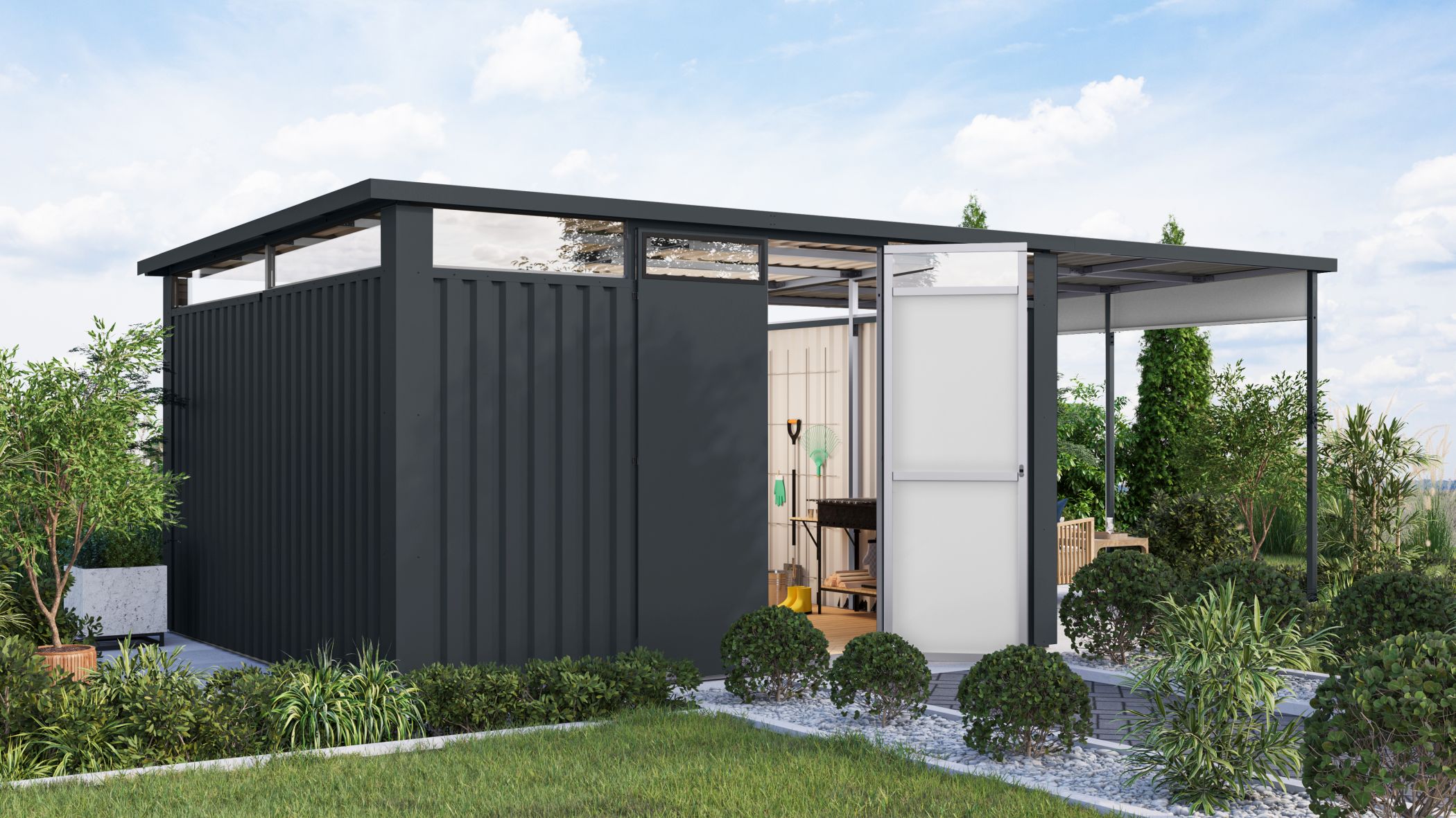 Metallhaus Østen 4 im Set mit Anbaudach 2,25 m anthrazit / Lagerabverkauf