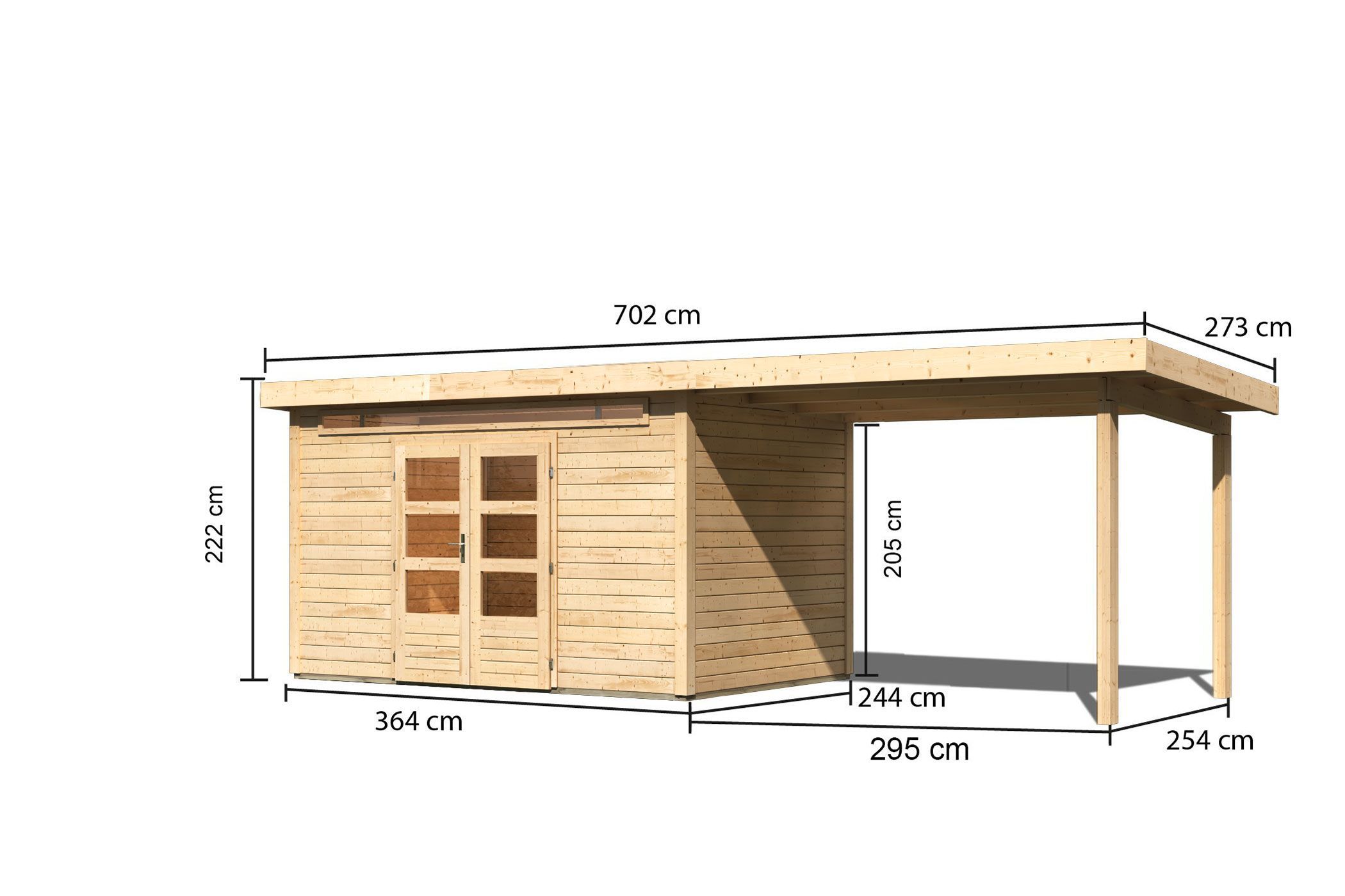 Bemaßte Maßzeichnung des Karibu Gartenhaus Kandern 7 mit Anbaudach, 702 × 273 cm