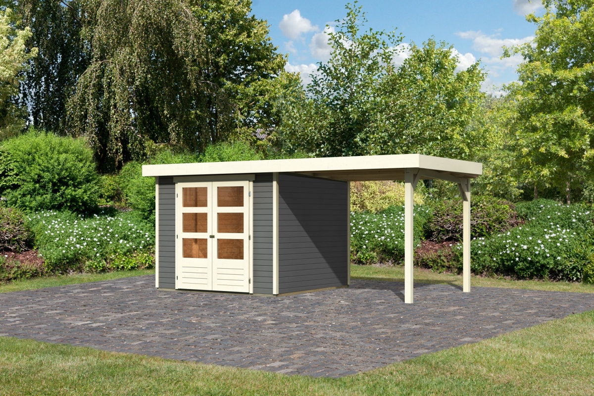 Karibu Gerätehaus Askola 3,5 in Terragrau und Anbaudach, Außenansicht