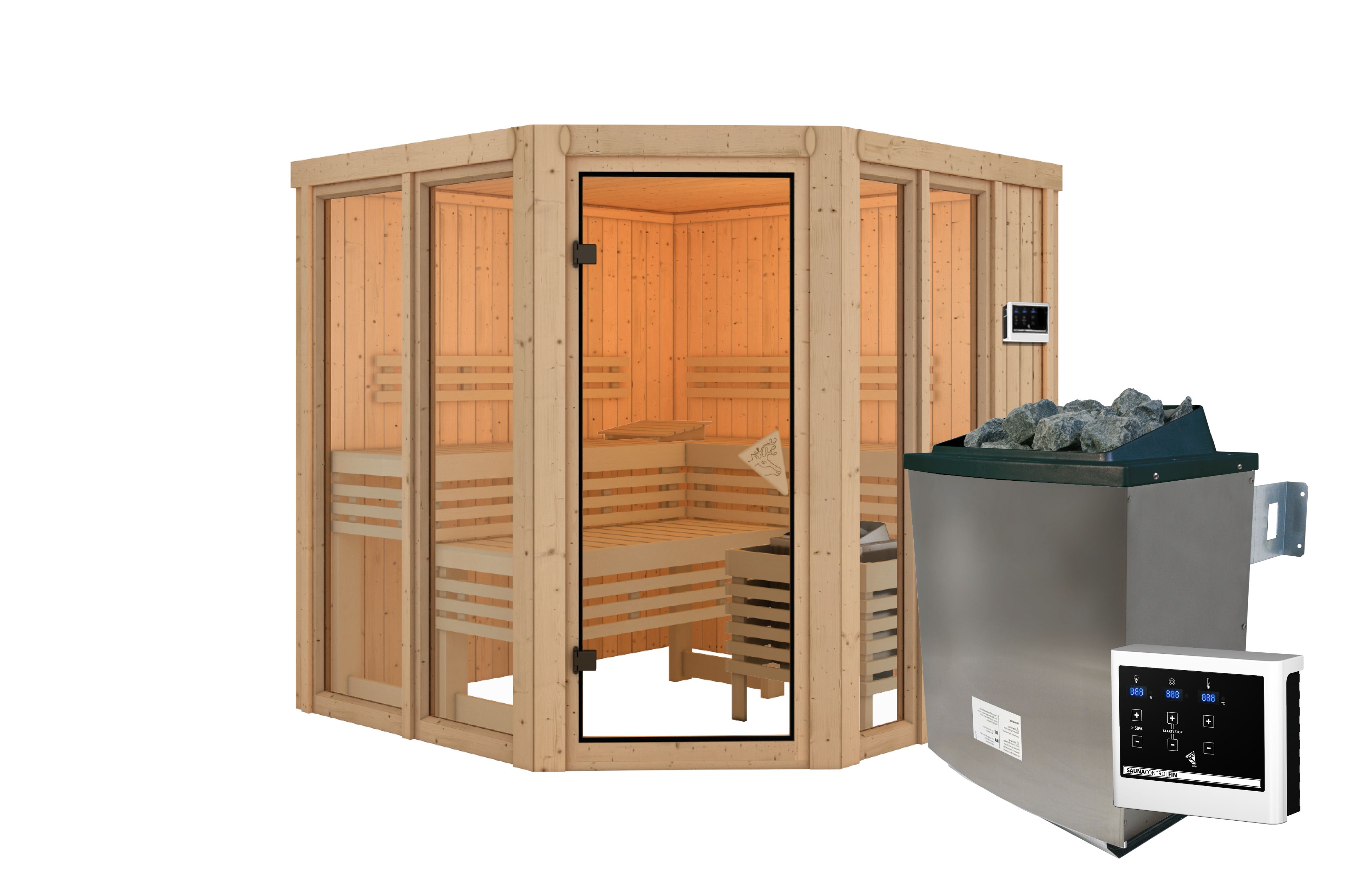 Innenansicht der Karibu Sauna Airi mit Liegen und Kopfstütze aus hellem Espenholz
