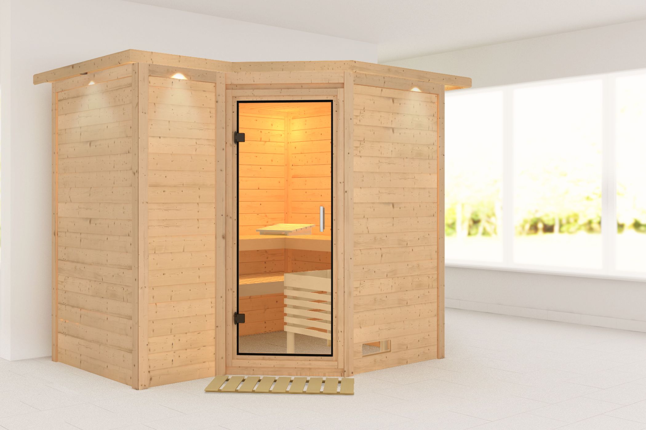 Außenansicht der Karibu Sauna Sahib 2 aus nordischer Fichte mit Klarglas-Ganzglastür und Fronteinstieg