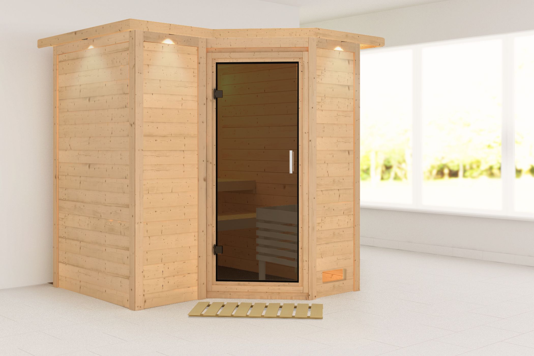 Außenansicht der Karibu Sauna Sahib 1 aus nordischer Fichte mit graphitfarbener Ganzglastür und Fronteinstieg