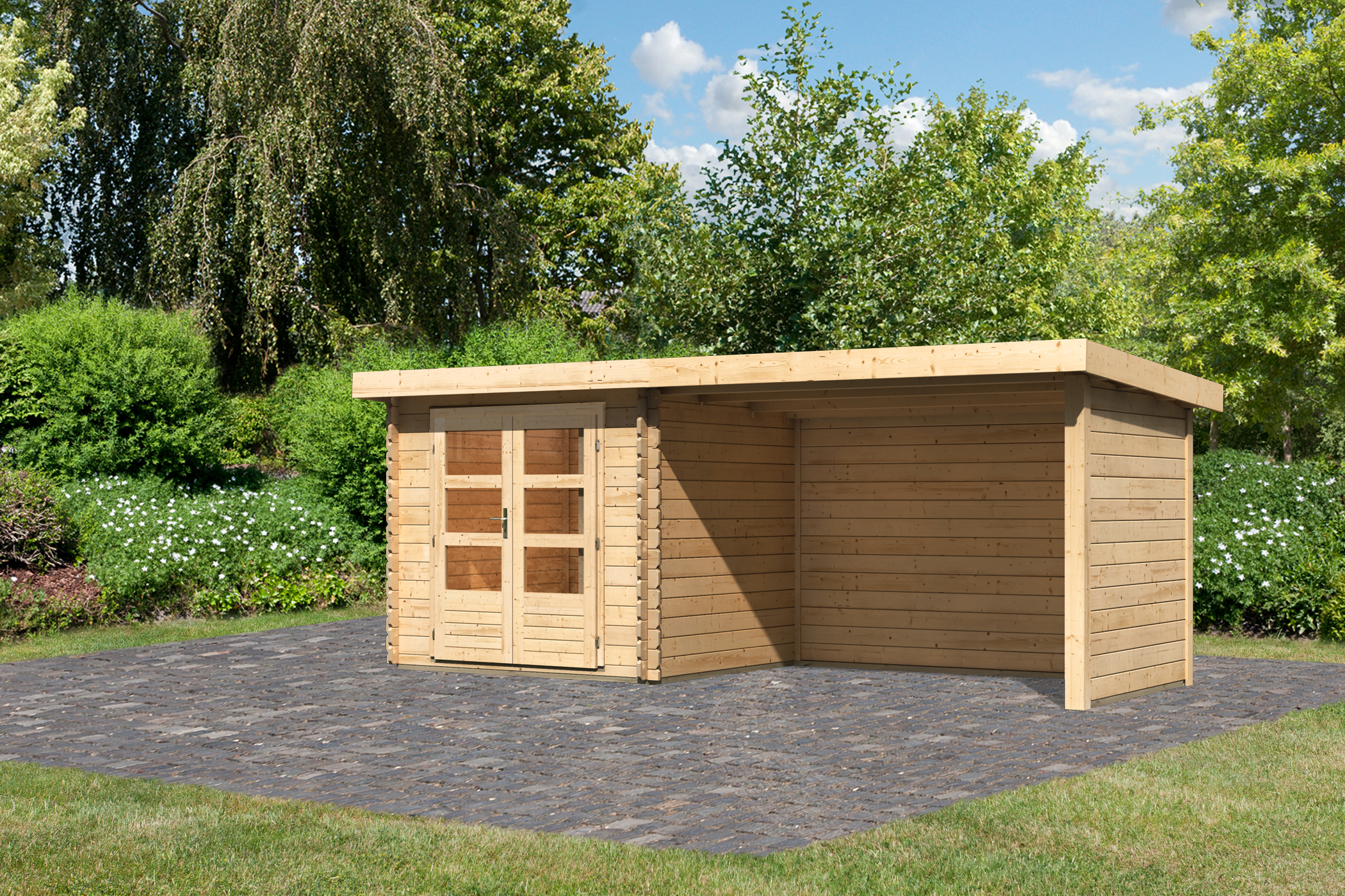 Karibu Gerätehaus Bastrup 2 in Naturbelassen und Anbaudach, Außenansicht