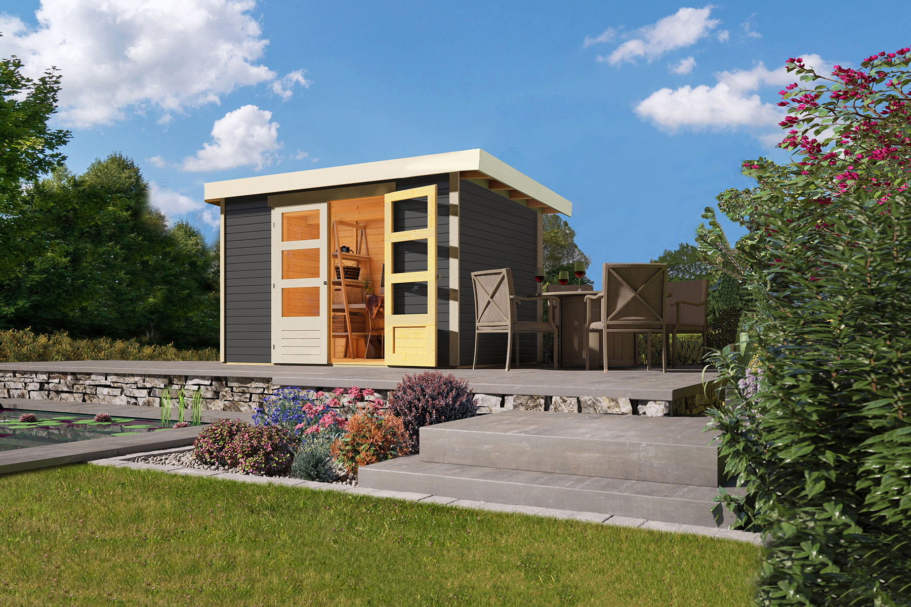 Karibu Gerätehaus Askola 4 in Terragrau im Garten