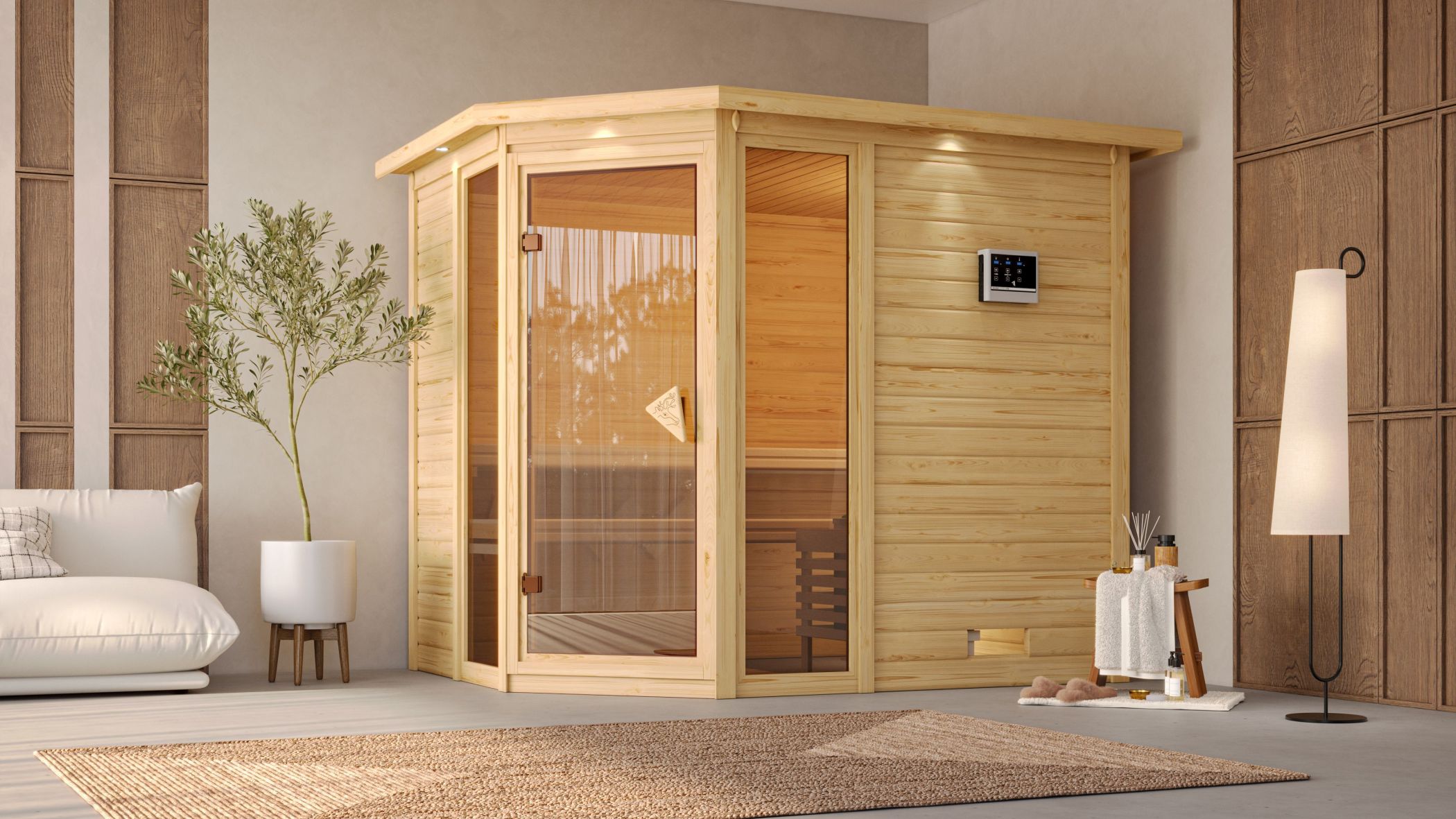 Karibu Sauna Sinai 3 als hochwertige Sauna aus nordischer Fichte im Wohnraum-Ambiente