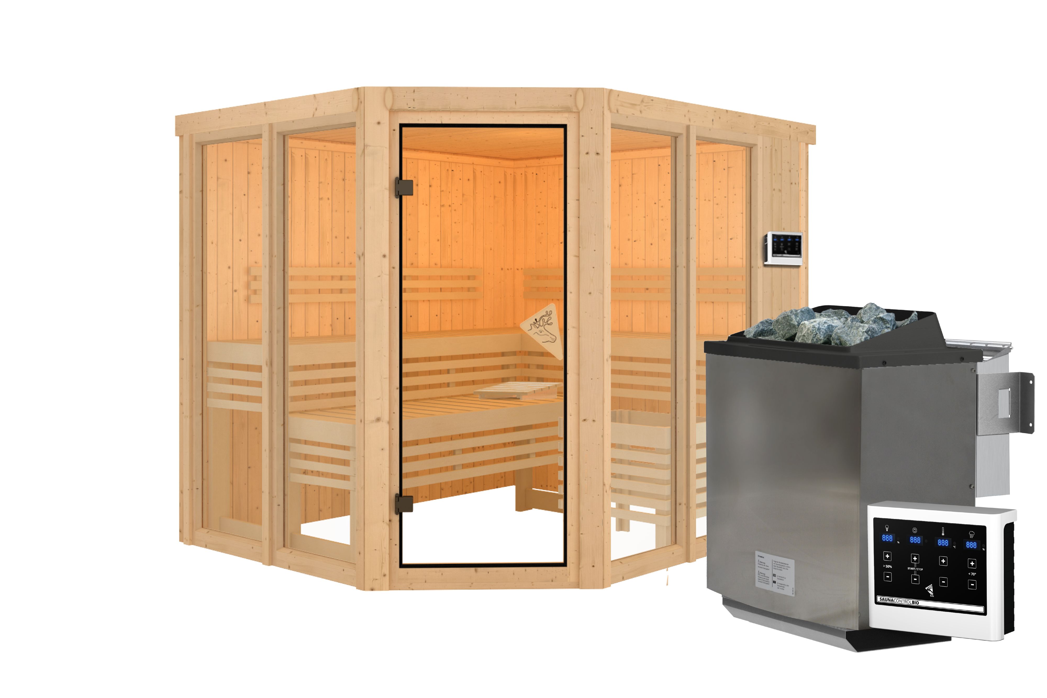Innenansicht der Karibu Sauna Ainur mit Liegen und Kopfstütze aus hellem Espenholz