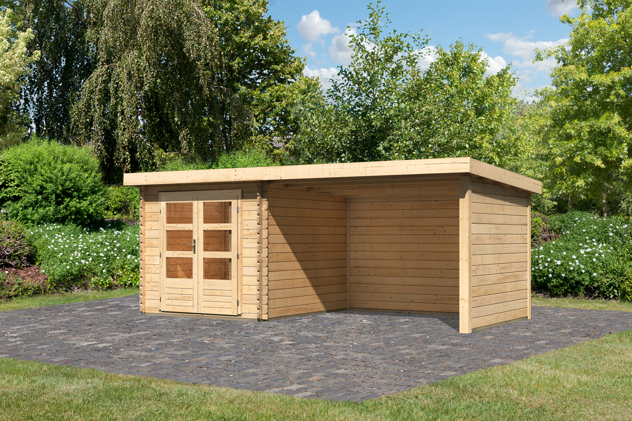 Karibu Gartenhaus Bastrup 4 in Naturbelassen und Anbaudach, Außenansicht