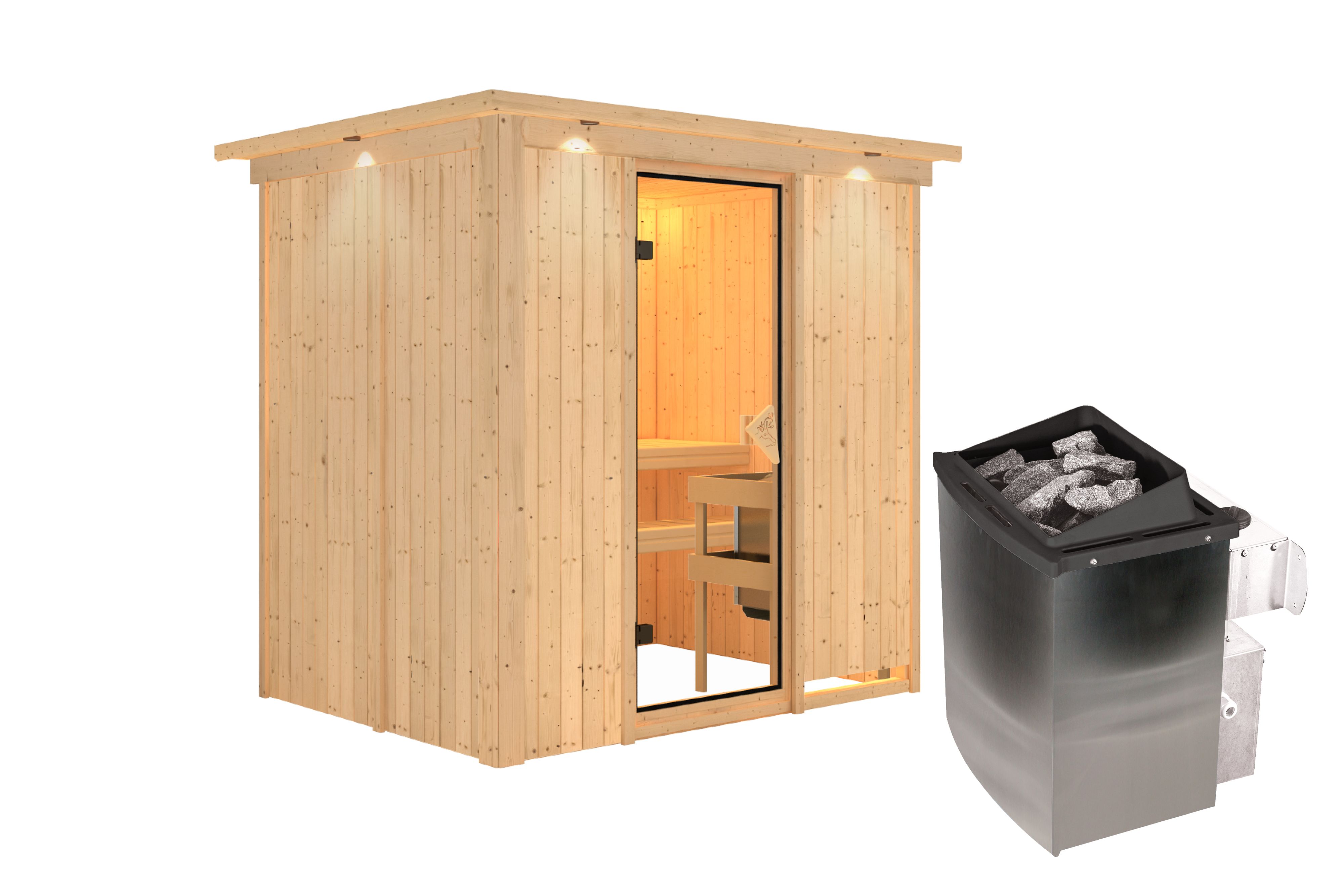 Innenansicht der Karibu Sauna Bodin mit Liegen und Kopfstütze aus hellem Espenholz