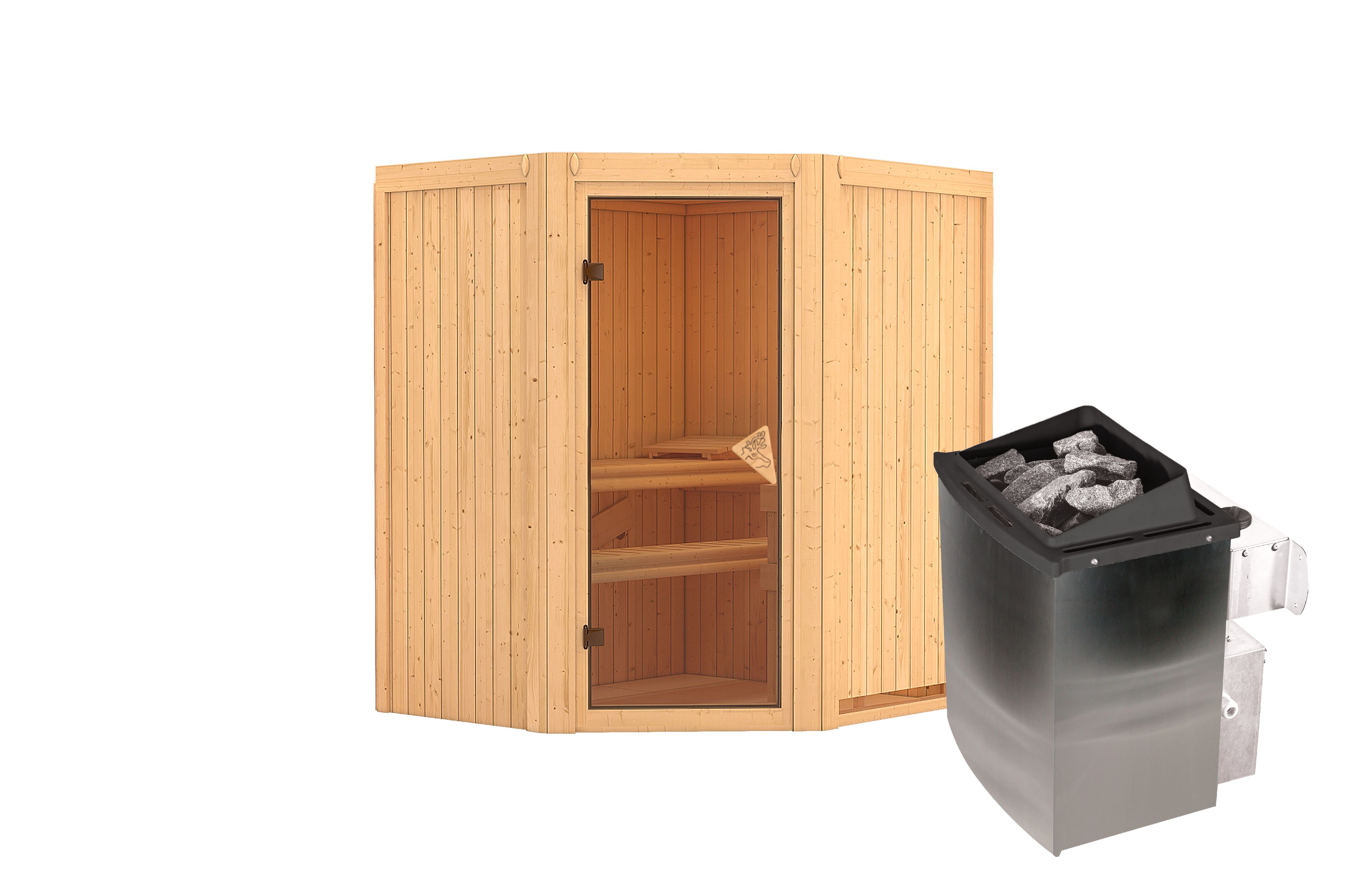 Innenansicht der Karibu Sauna Taurin mit Liegen und Kopfstütze aus hellem Espenholz
