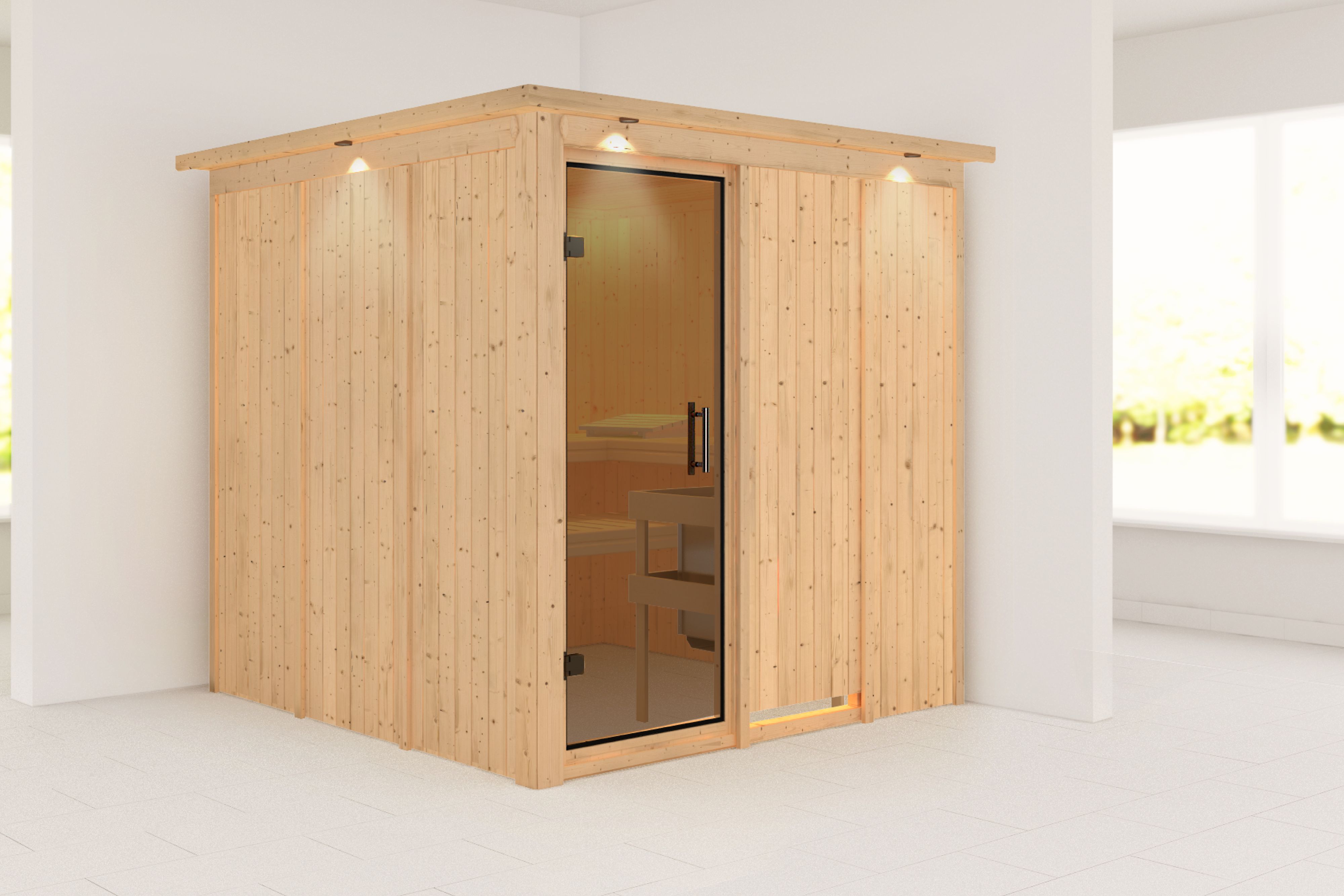 Außenansicht der Karibu Sauna Rodin aus nordischer Fichte mit bronzierter Ganzglastür und Fronteinstieg