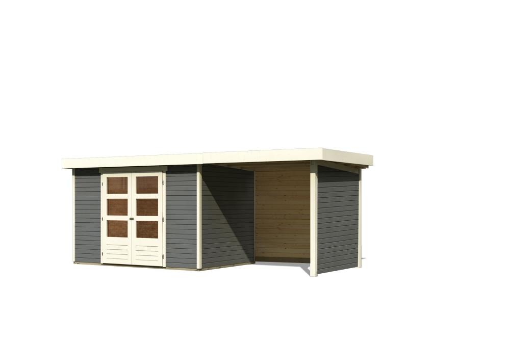 Karibu Gerätehaus Askola 4 in Terragrau und Anbaudach, Freisteller