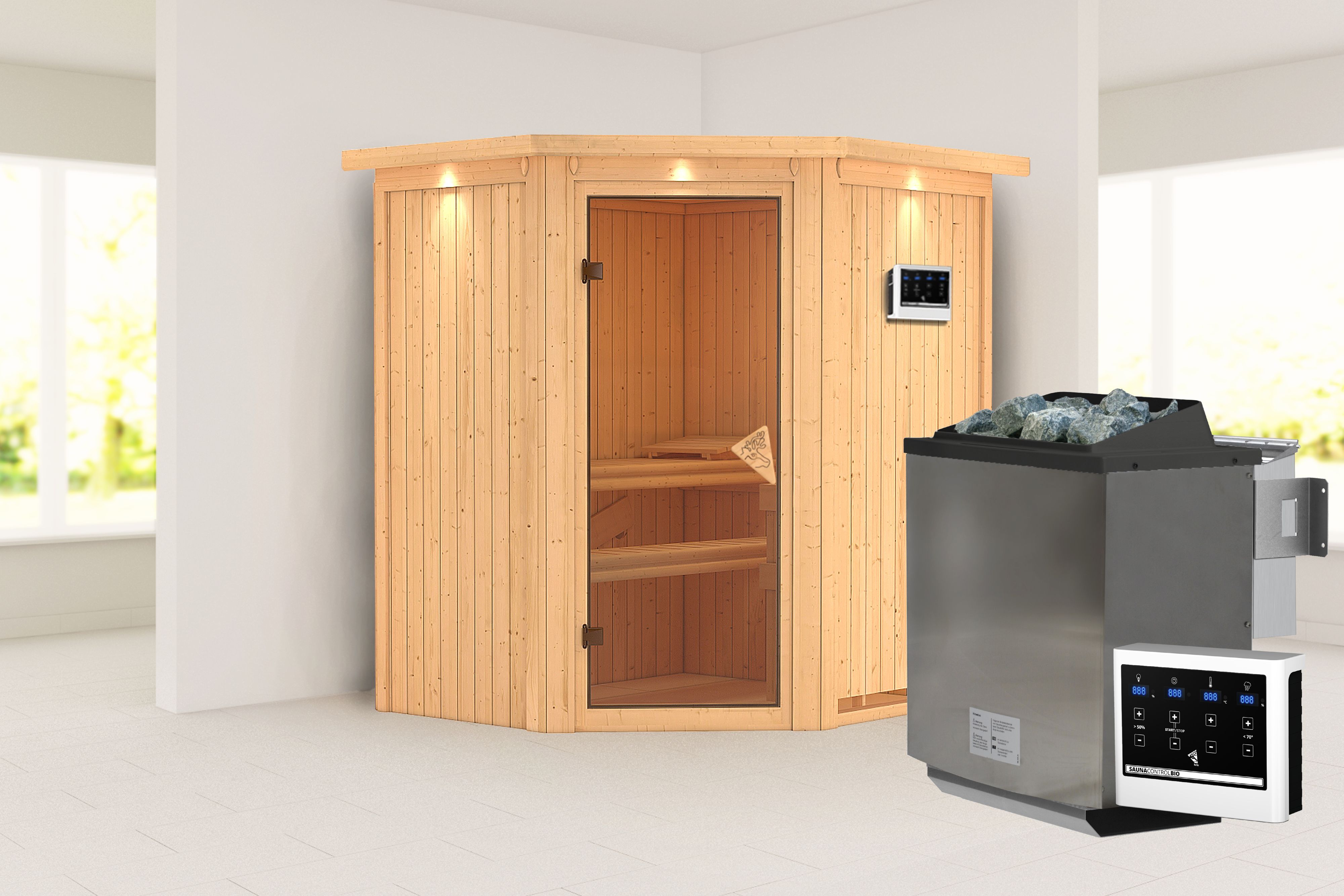 Außenansicht der Karibu Sauna Taurin aus nordischer Fichte mit bronzierter Ganzglastür und Fronteinstieg