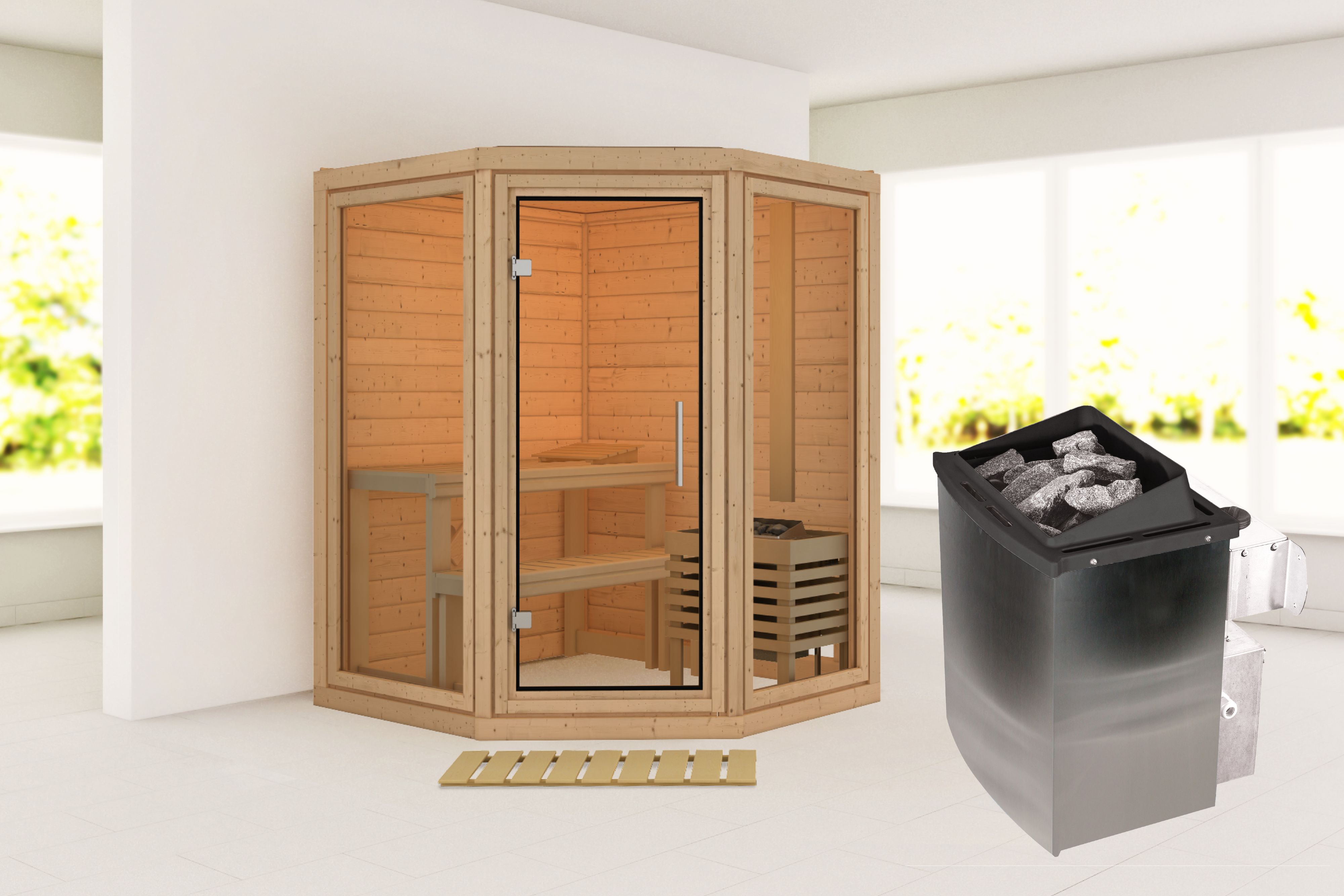 Außenansicht der Karibu Sauna Yuma aus nordischer Fichte mit Ganzglastür und Fronteinstieg