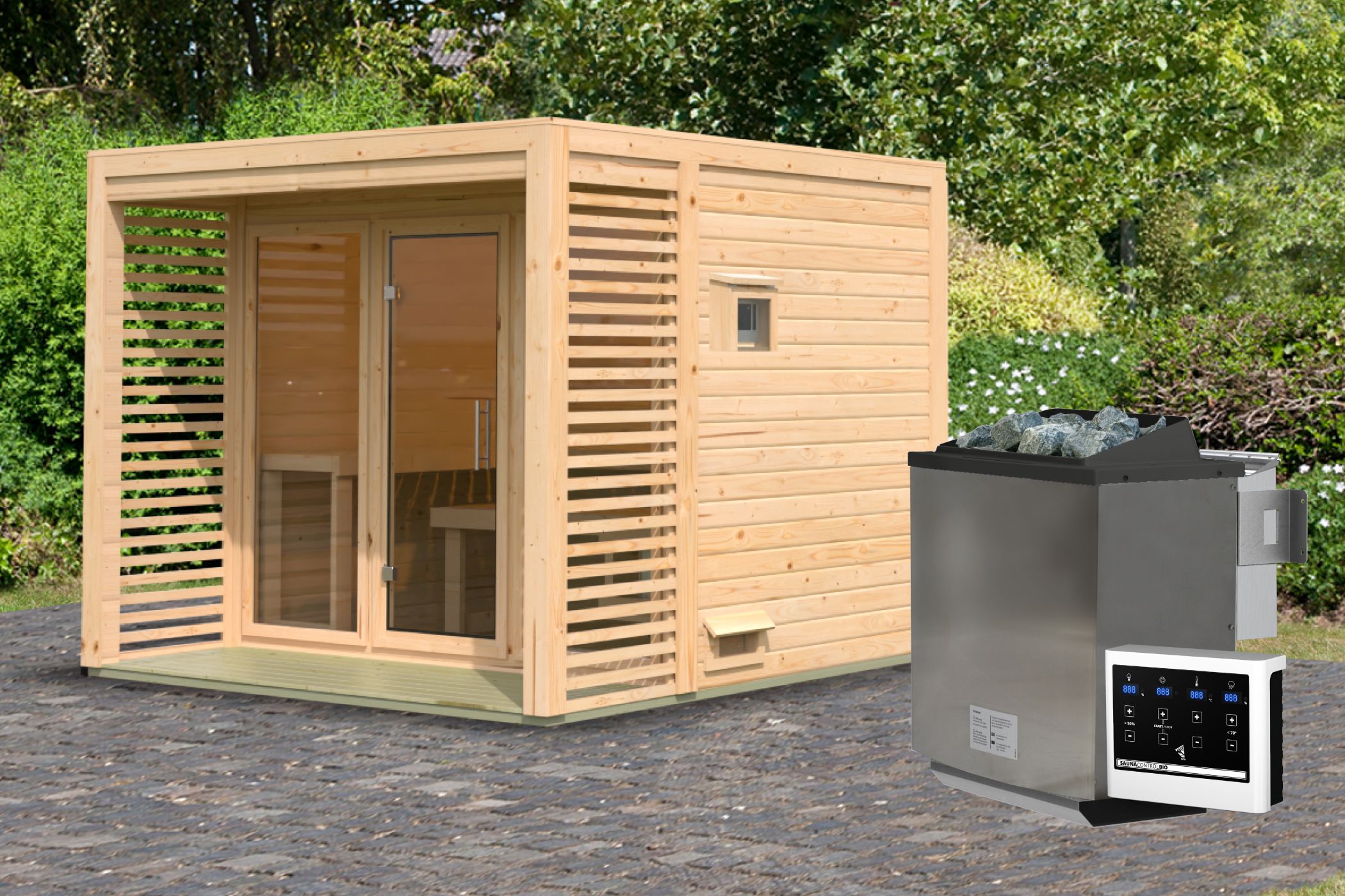 Karibu Saunahaus Angkor 3 als Gartensauna aus Massivholz im Garten mit Glasfront