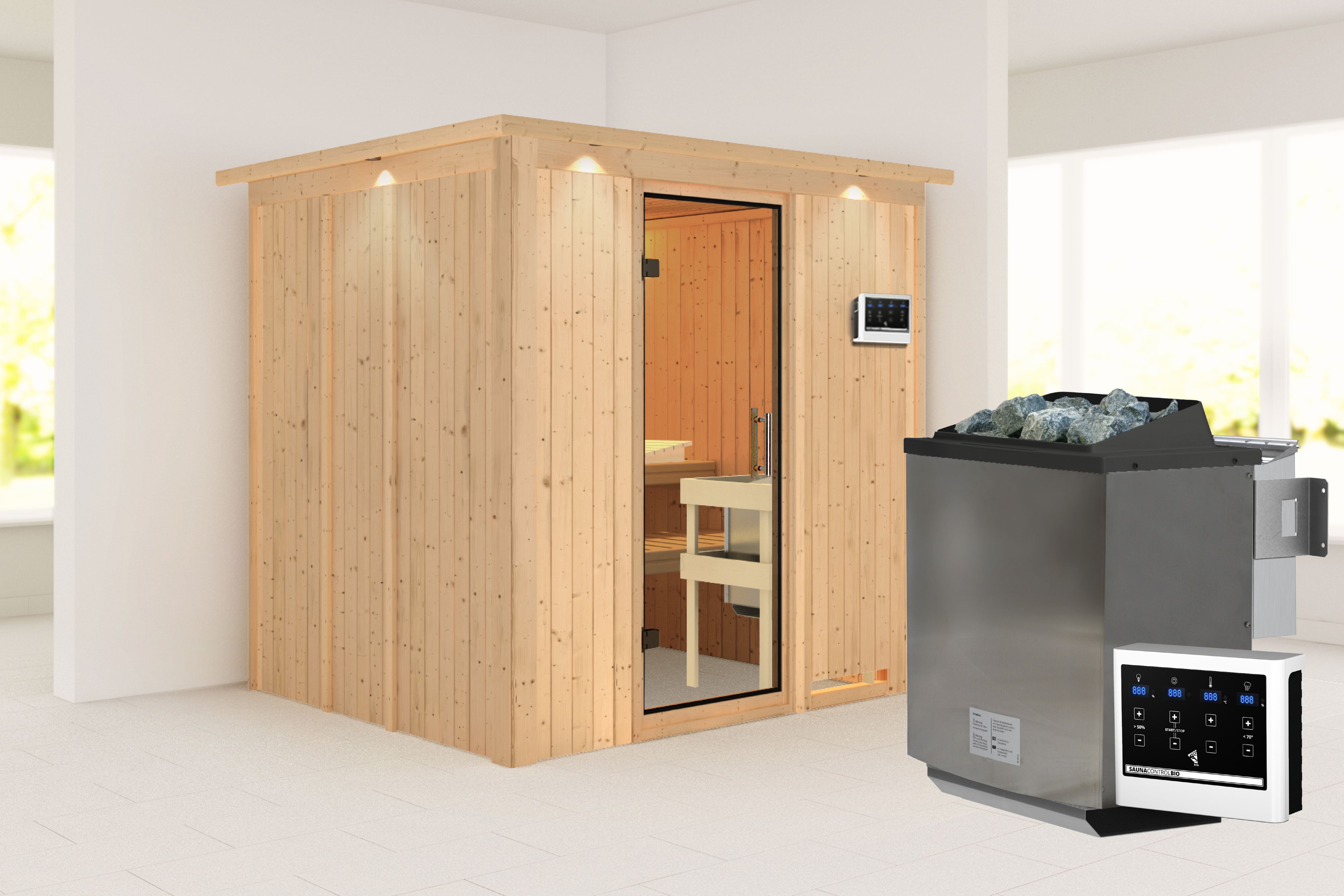 Außenansicht der Karibu Sauna Sodin aus nordischer Fichte mit Klarglas-Ganzglastür und Fronteinstieg