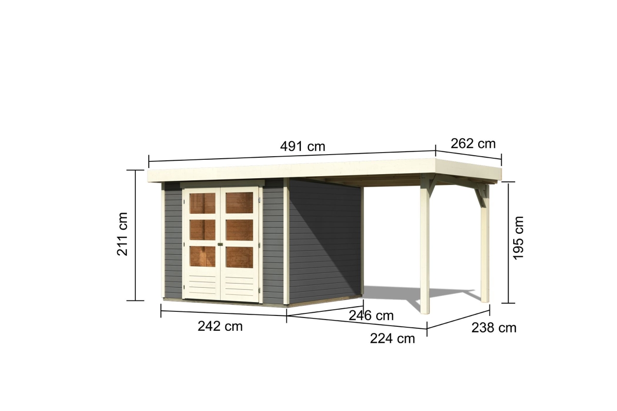 Bemaßte Maßzeichnung des Karibu Gerätehaus Askola 3,5 mit Anbaudach, 491 × 262 cm