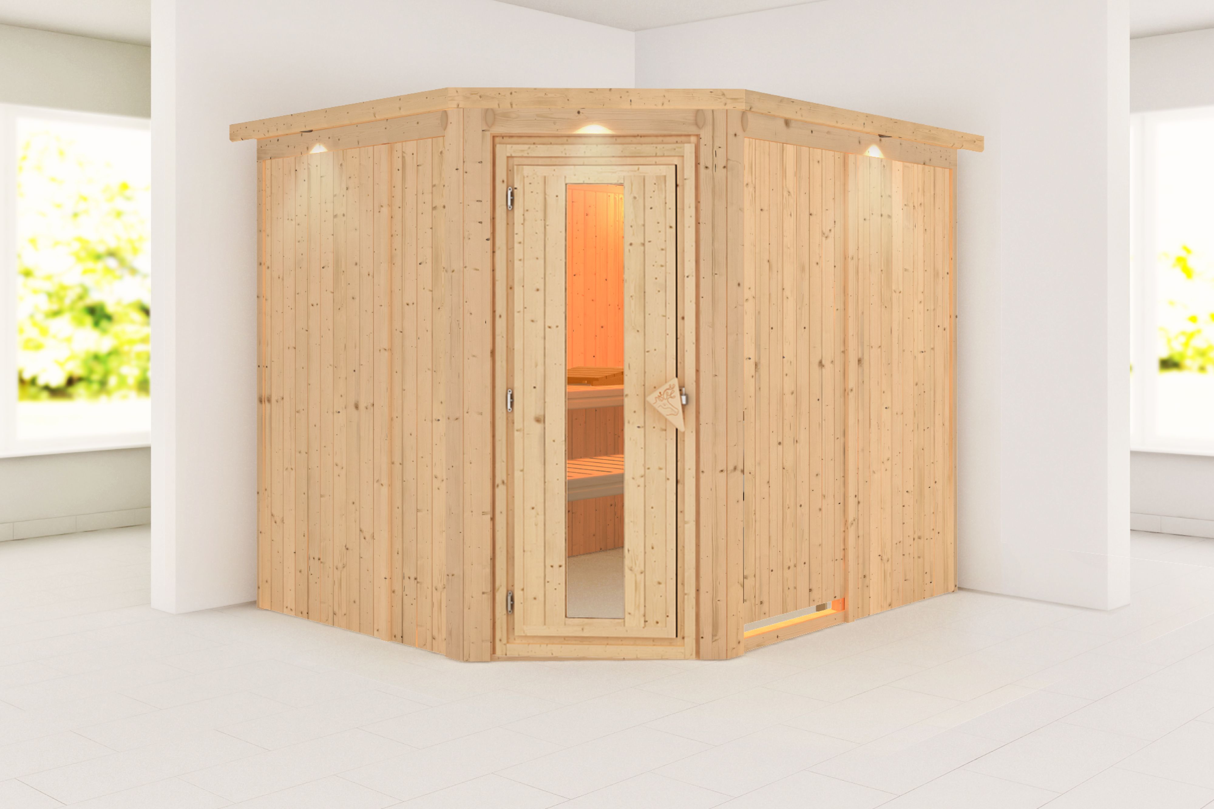 Außenansicht der Karibu Sauna Malin aus nordischer Fichte mit isolierter Holztür und Fronteinstieg