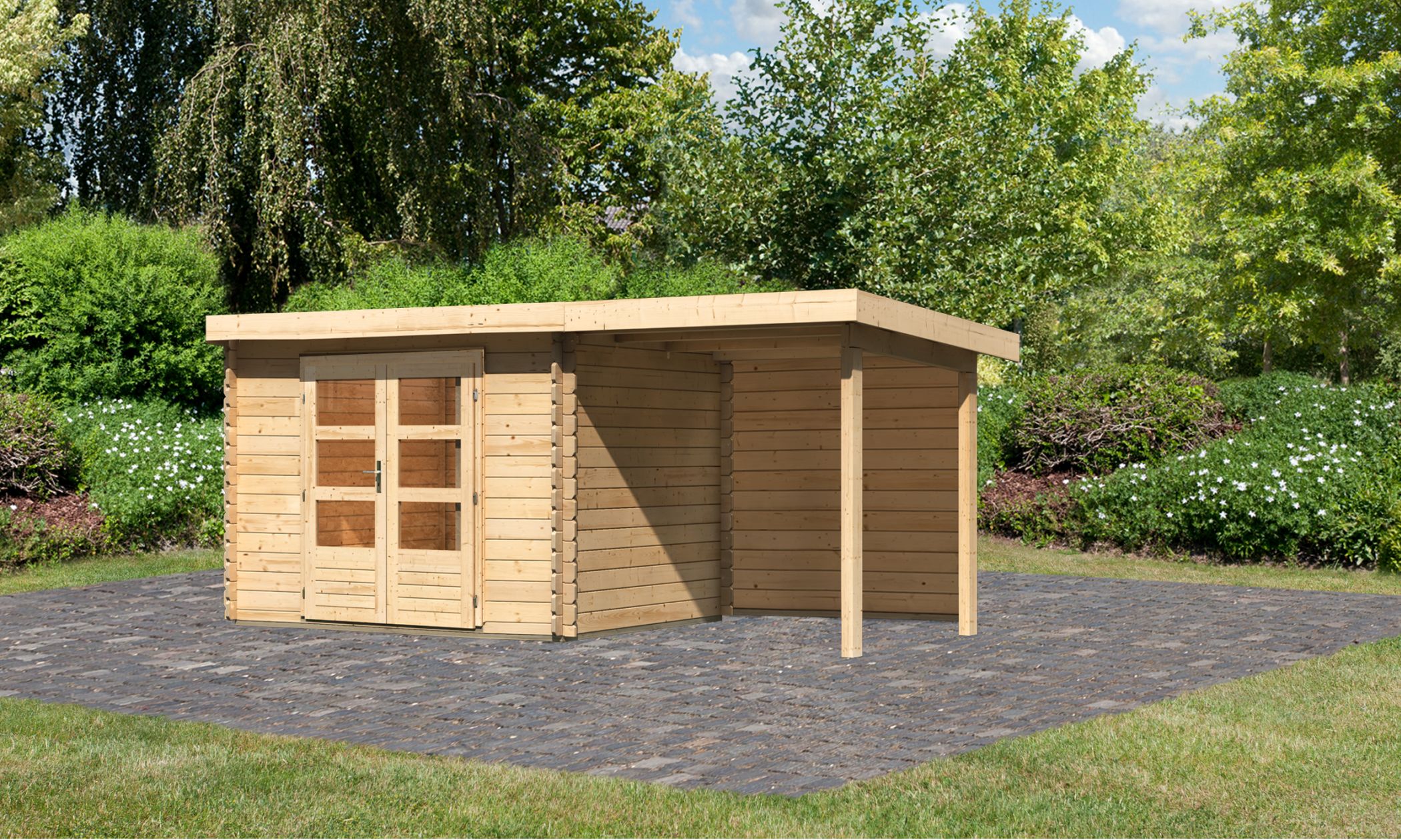 Karibu Gartenhaus Bastrup 3 in Naturbelassen und Anbaudach, Außenansicht