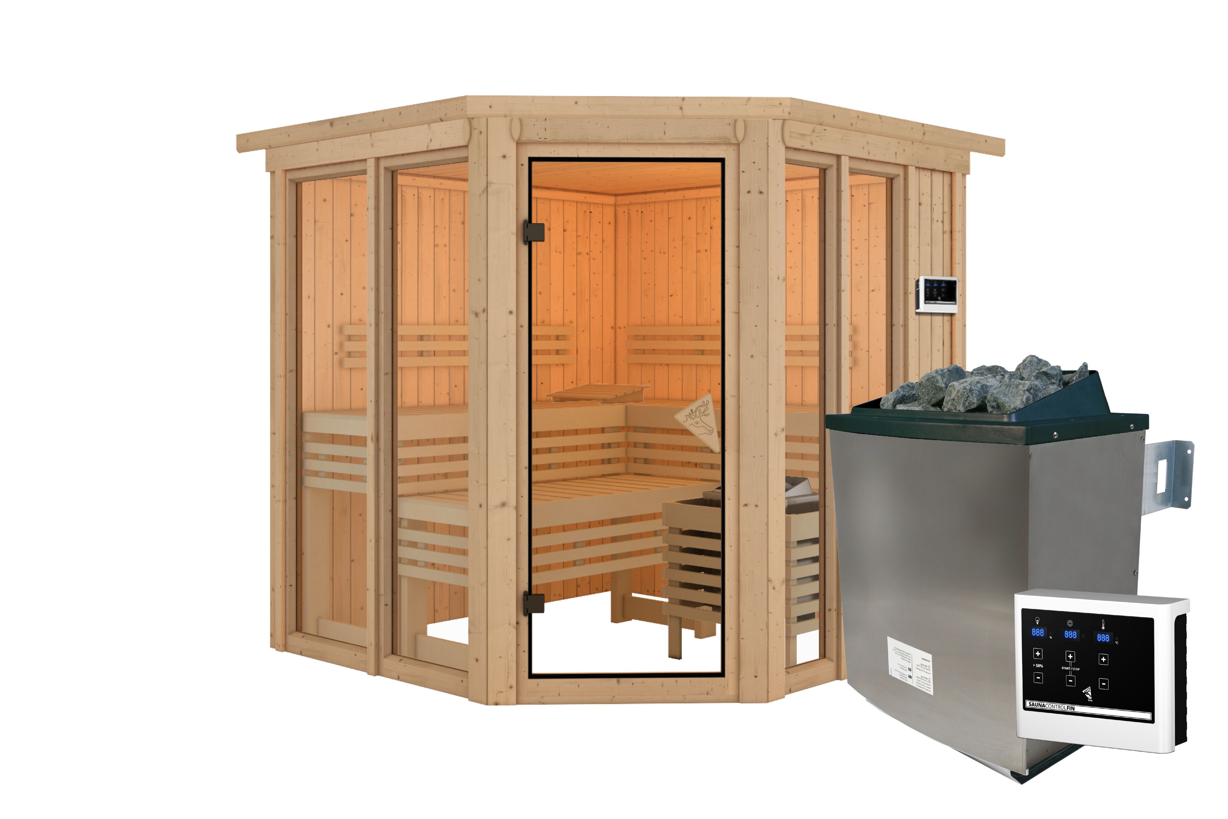 Innenansicht der Karibu Sauna Airi mit Liegen und Kopfstütze aus hellem Espenholz