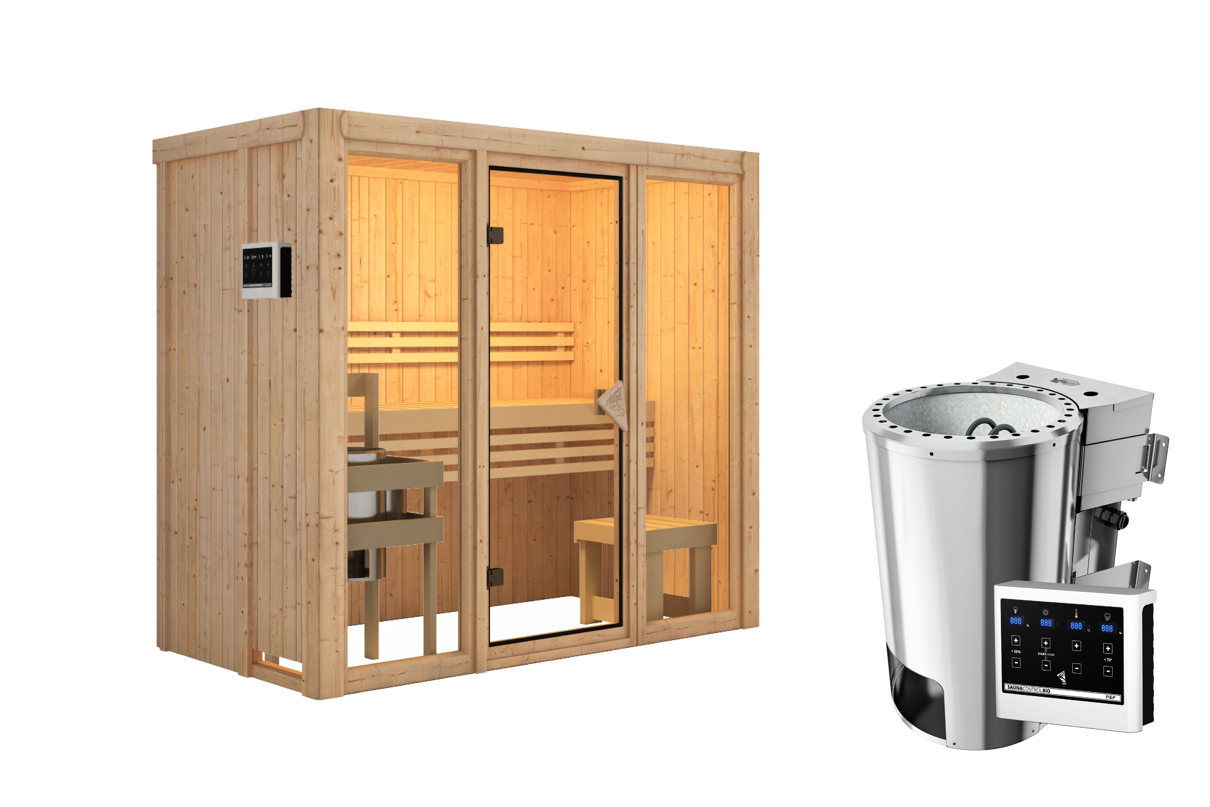 Innenansicht der Karibu Sauna Avari 2 mit Liegen und Kopfstütze aus hellem Espenholz
