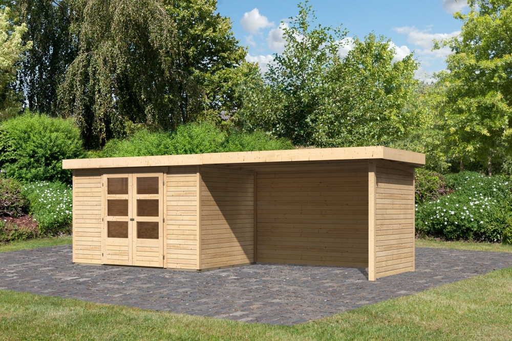 Karibu Gerätehaus Askola 4 in Naturbelassen und Anbaudach, Außenansicht