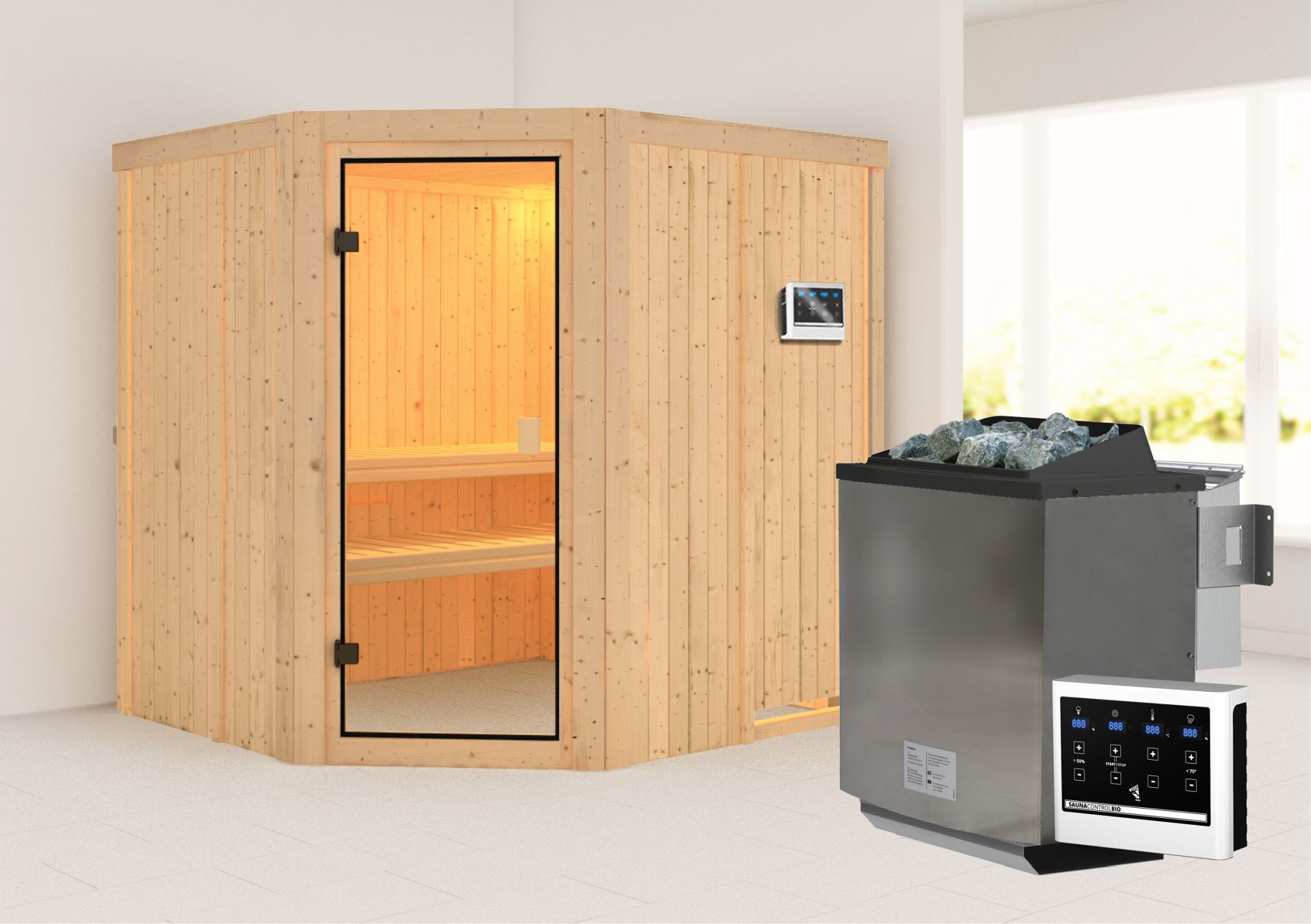 Außenansicht der Karibu Sauna Bodo aus nordischer Fichte mit Ganzglastür und Fronteinstieg
