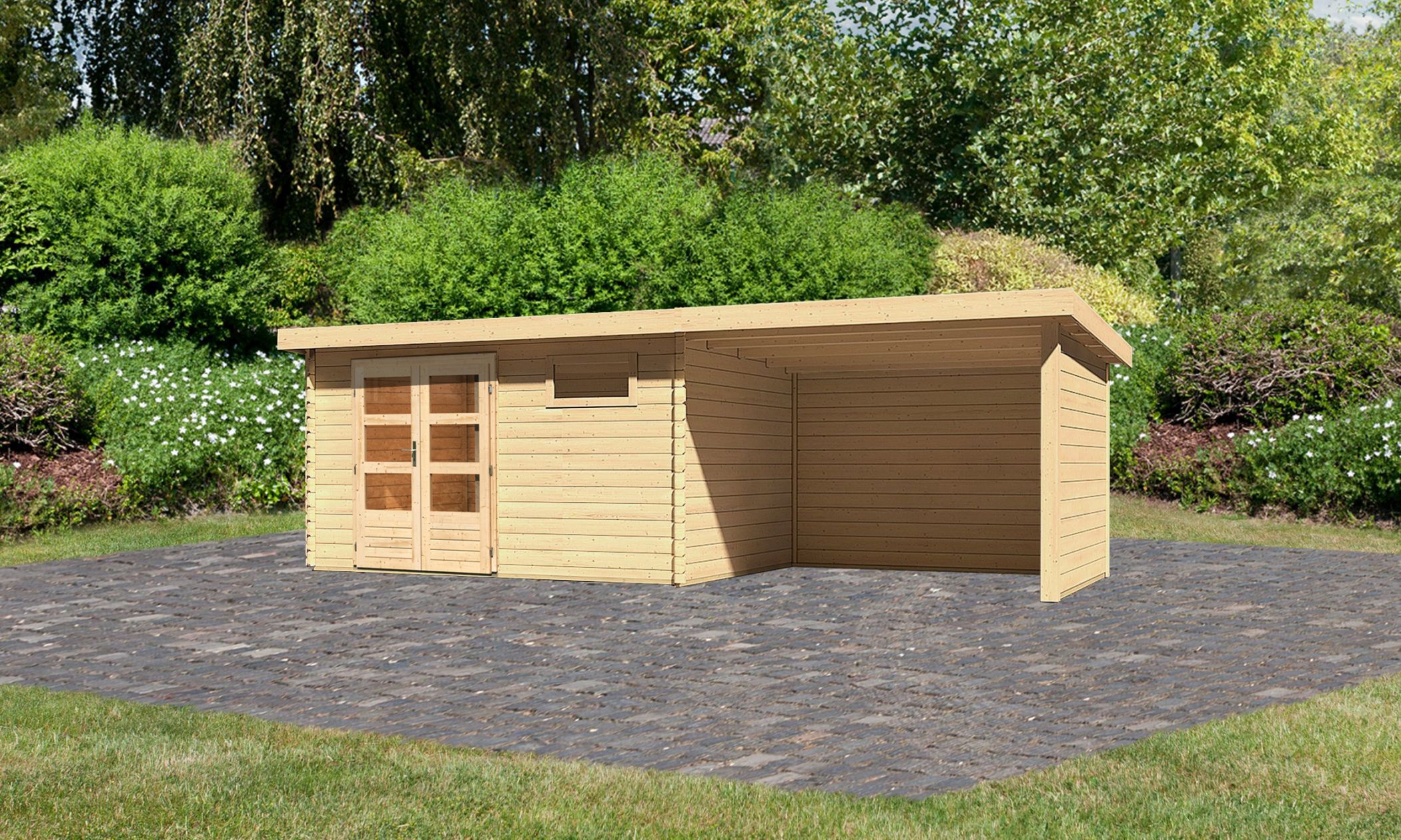 Karibu Gartenhaus Bastrup 8 in Naturbelassen und Anbaudach, Außenansicht