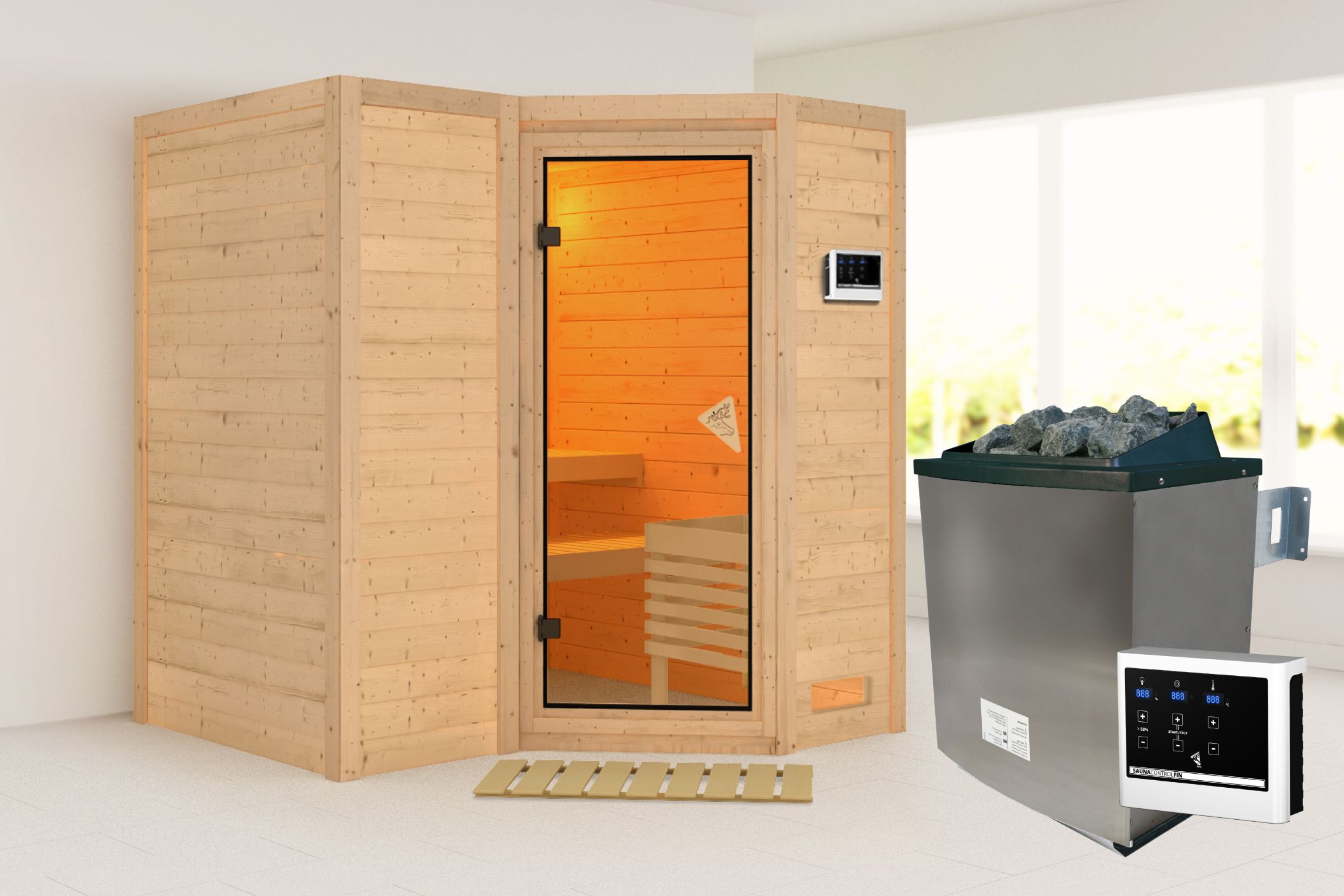 Außenansicht der Karibu Sauna Sahib 1 aus nordischer Fichte mit bronzierter Ganzglastür und Fronteinstieg