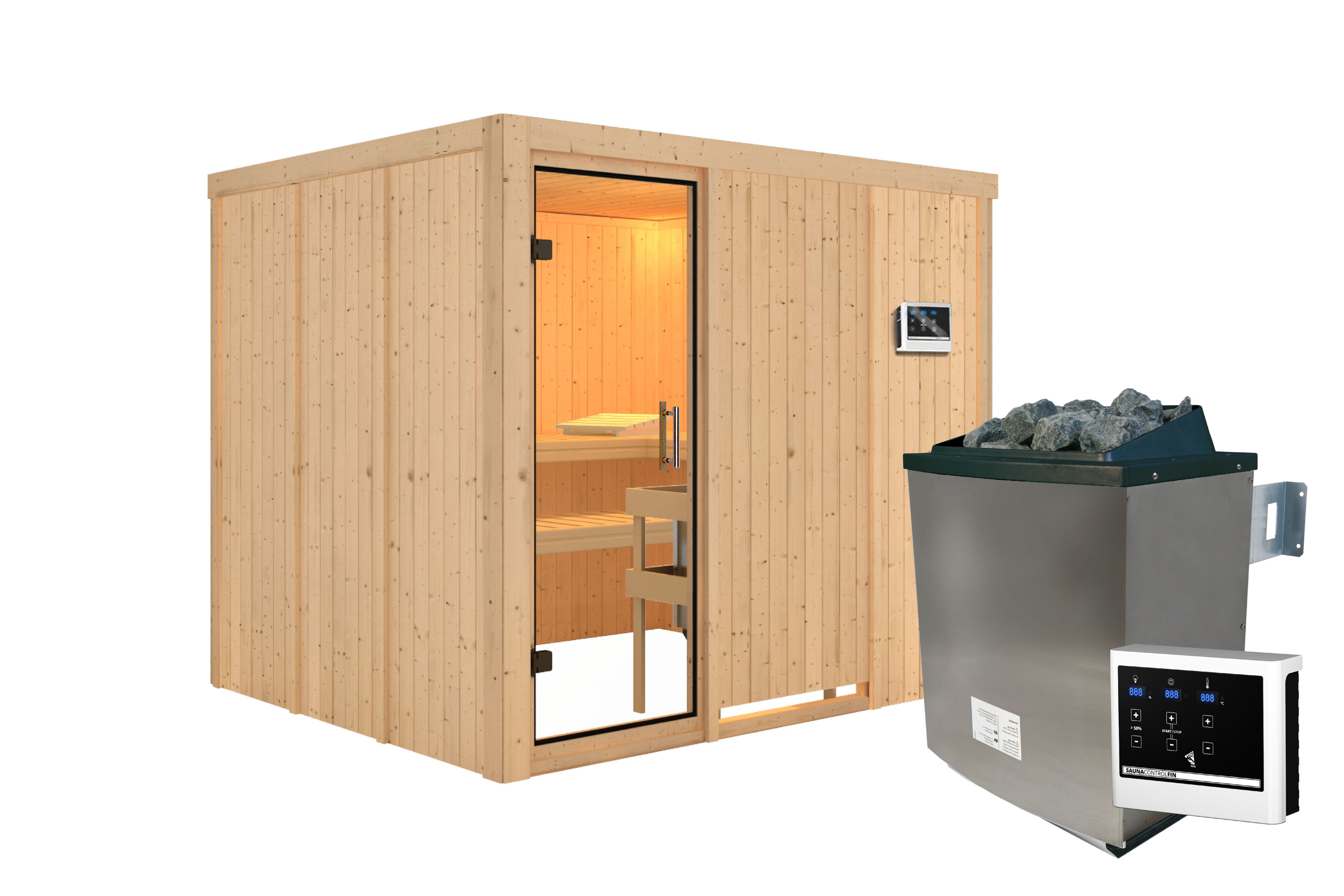 Innenansicht der Karibu Sauna Gobin mit Liegen und Kopfstütze aus hellem Espenholz