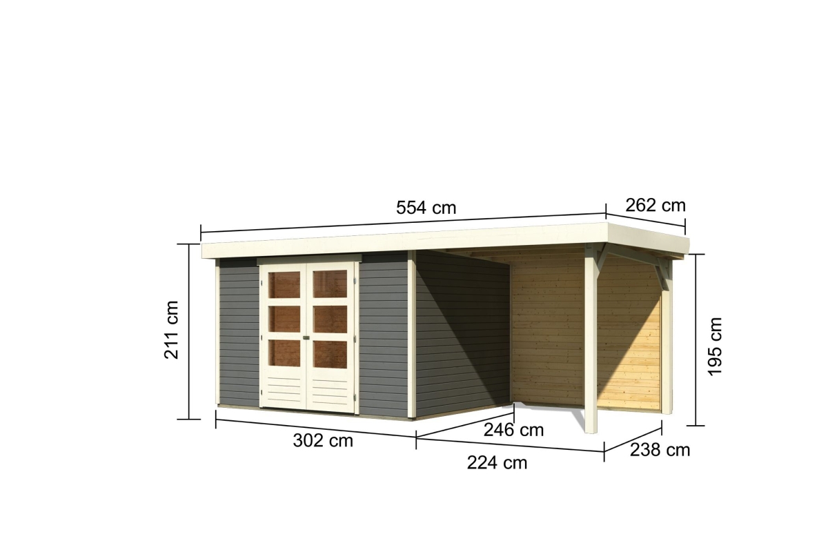 Bemaßte Maßzeichnung des Karibu großes Gerätehaus Askola 5 mit Anbaudach, 554 × 262 cm