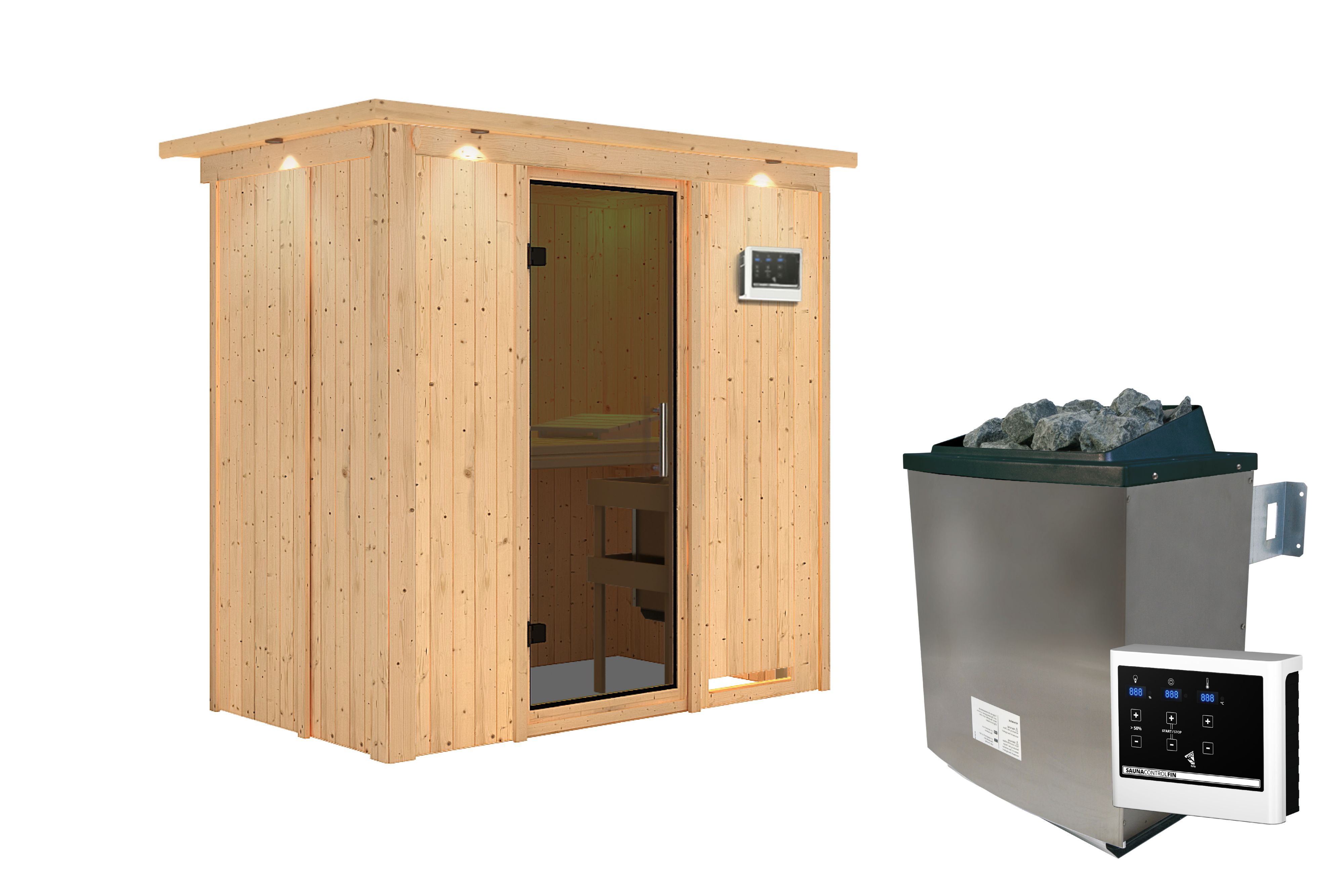 Innenansicht der Karibu Sauna Variado mit Liegen und Kopfstütze aus hellem Espenholz