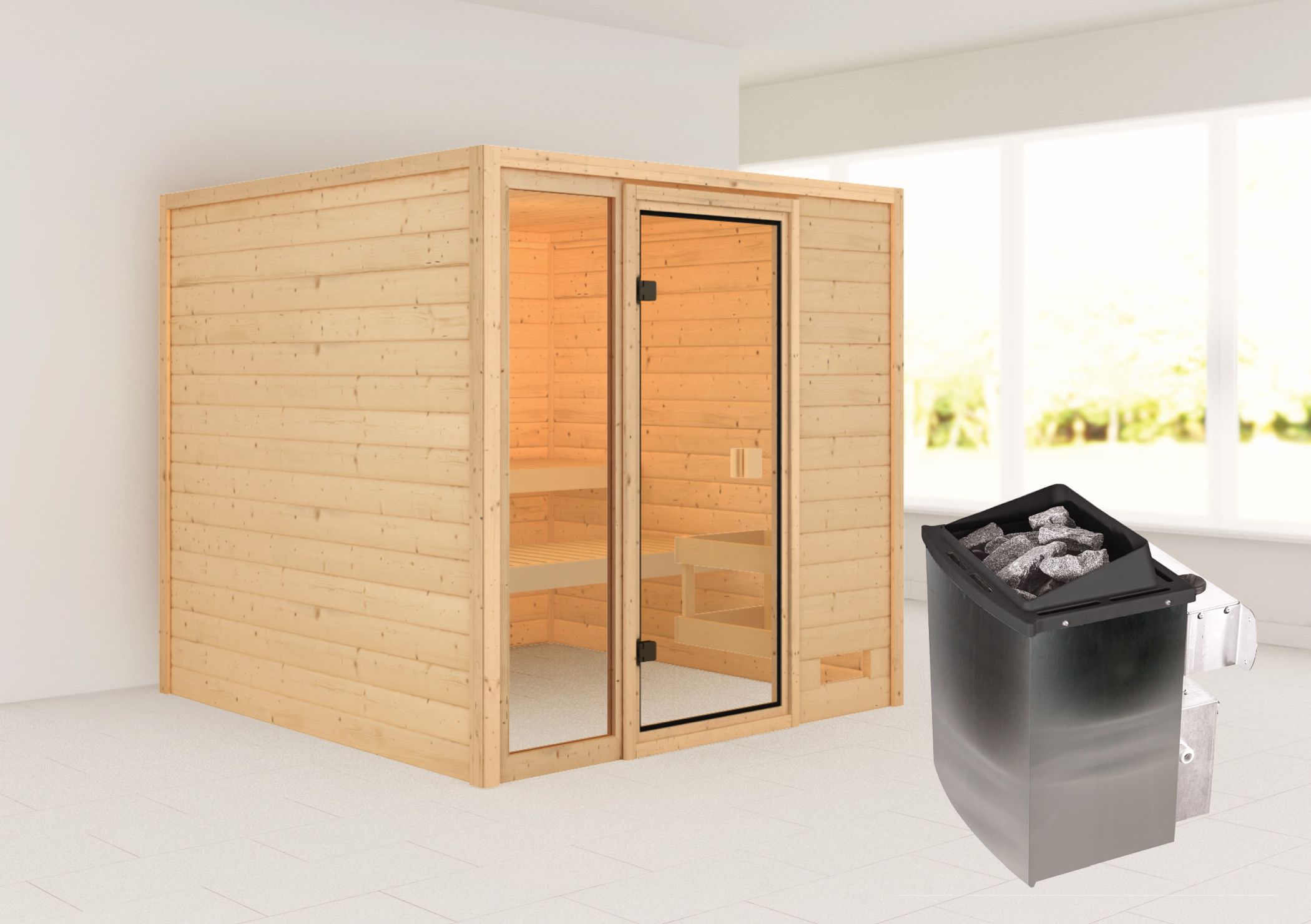 Außenansicht der Karibu Sauna Jutta aus nordischer Fichte mit Ganzglastür und Fronteinstieg