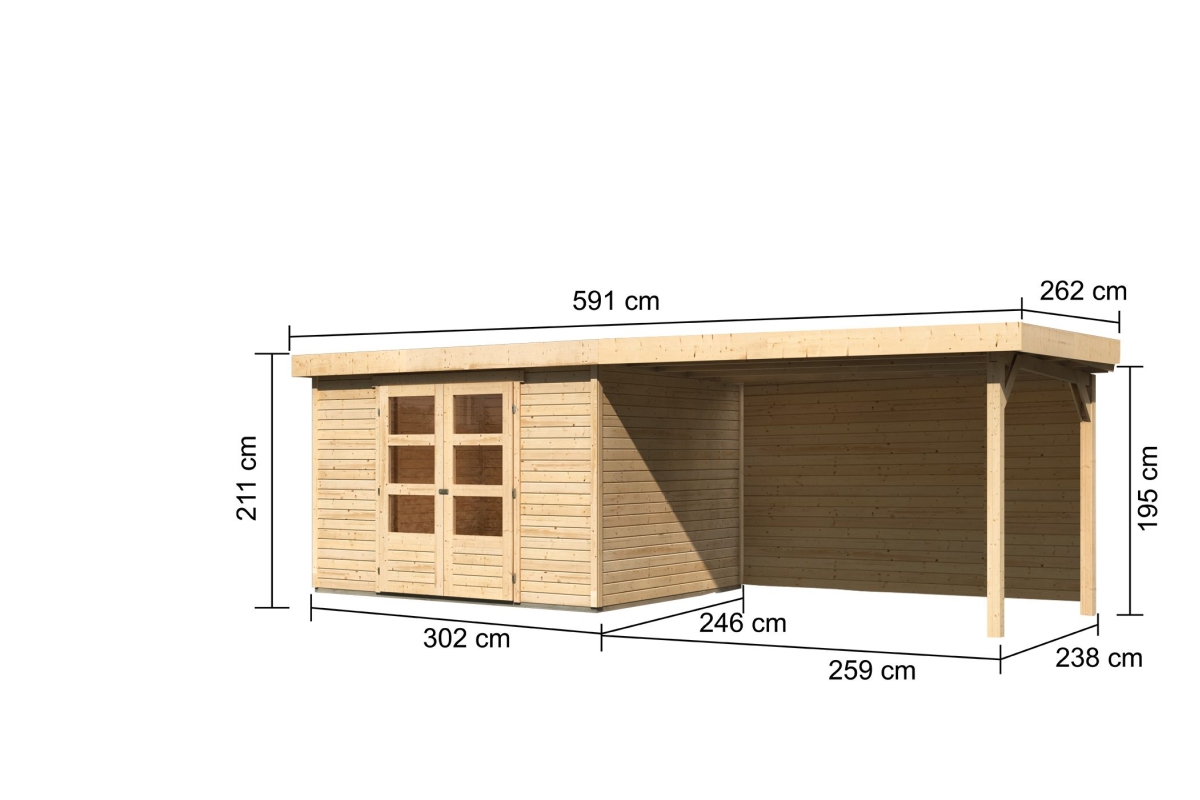 Bemaßte Maßzeichnung des Karibu großes Gerätehaus Askola 5 mit Anbaudach, 592 × 262 cm