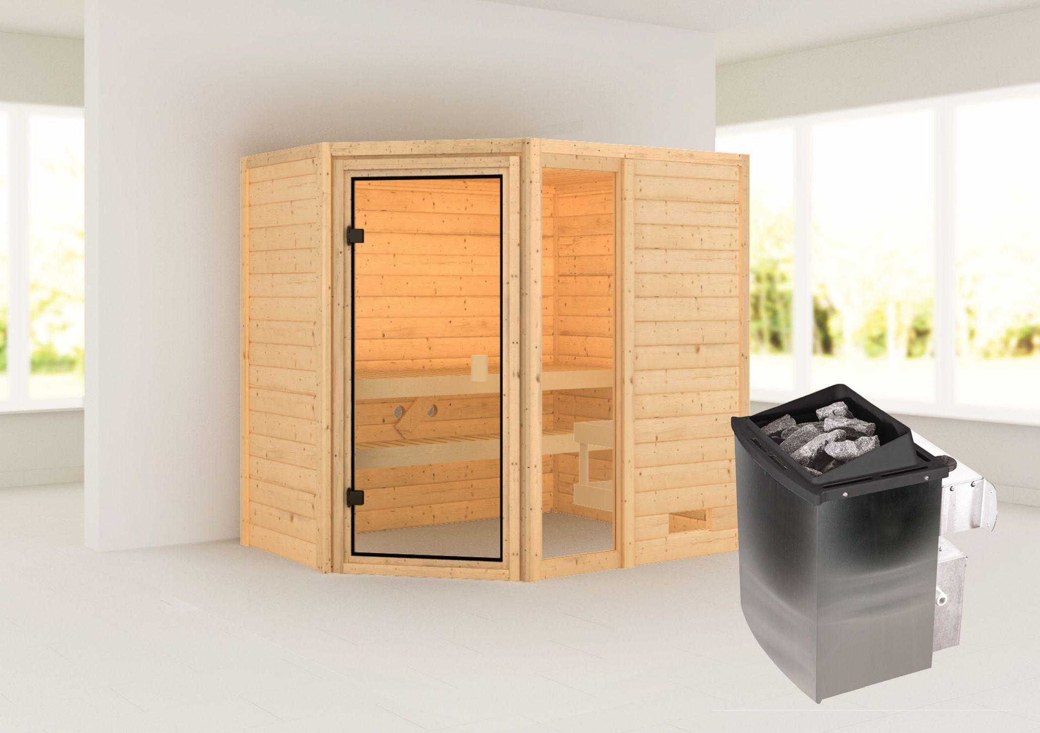 Außenansicht der Karibu Sauna Valida 2 Eckeinstieg mit Fenster aus nordischer Fichte mit Ganzglastür und Fronteinstieg
