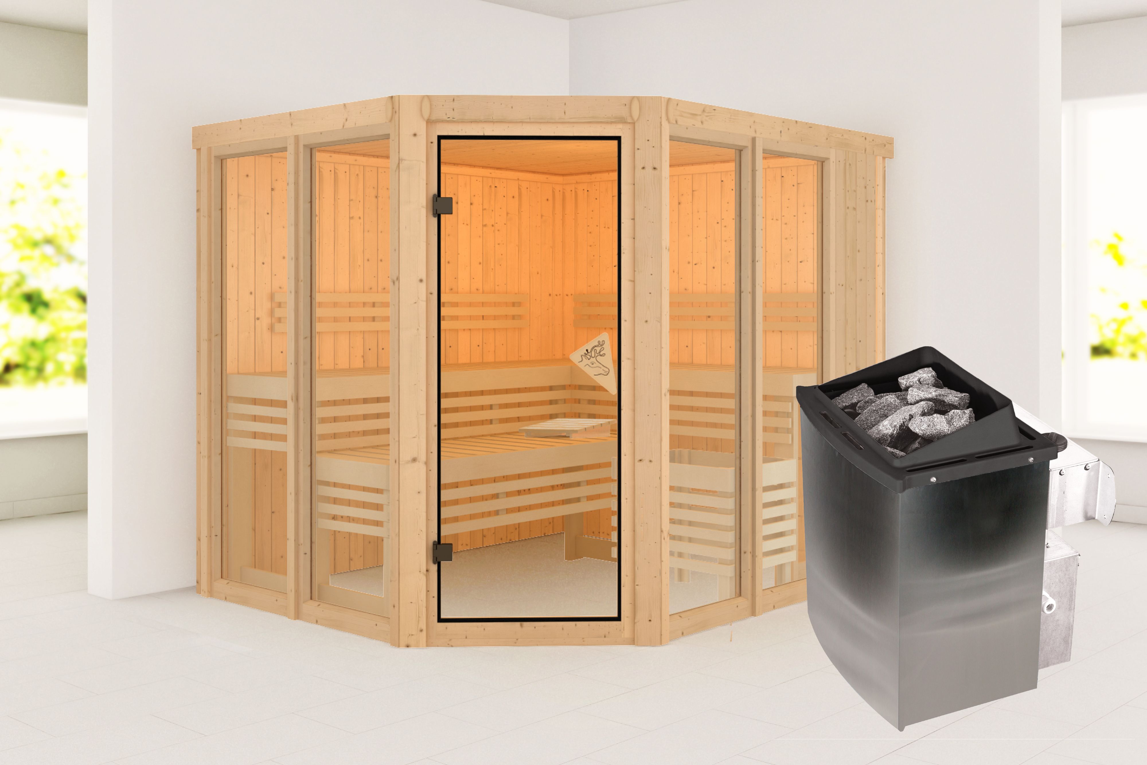 Außenansicht der Karibu Sauna Ainur aus nordischer Fichte mit Ganzglastür und Fronteinstieg