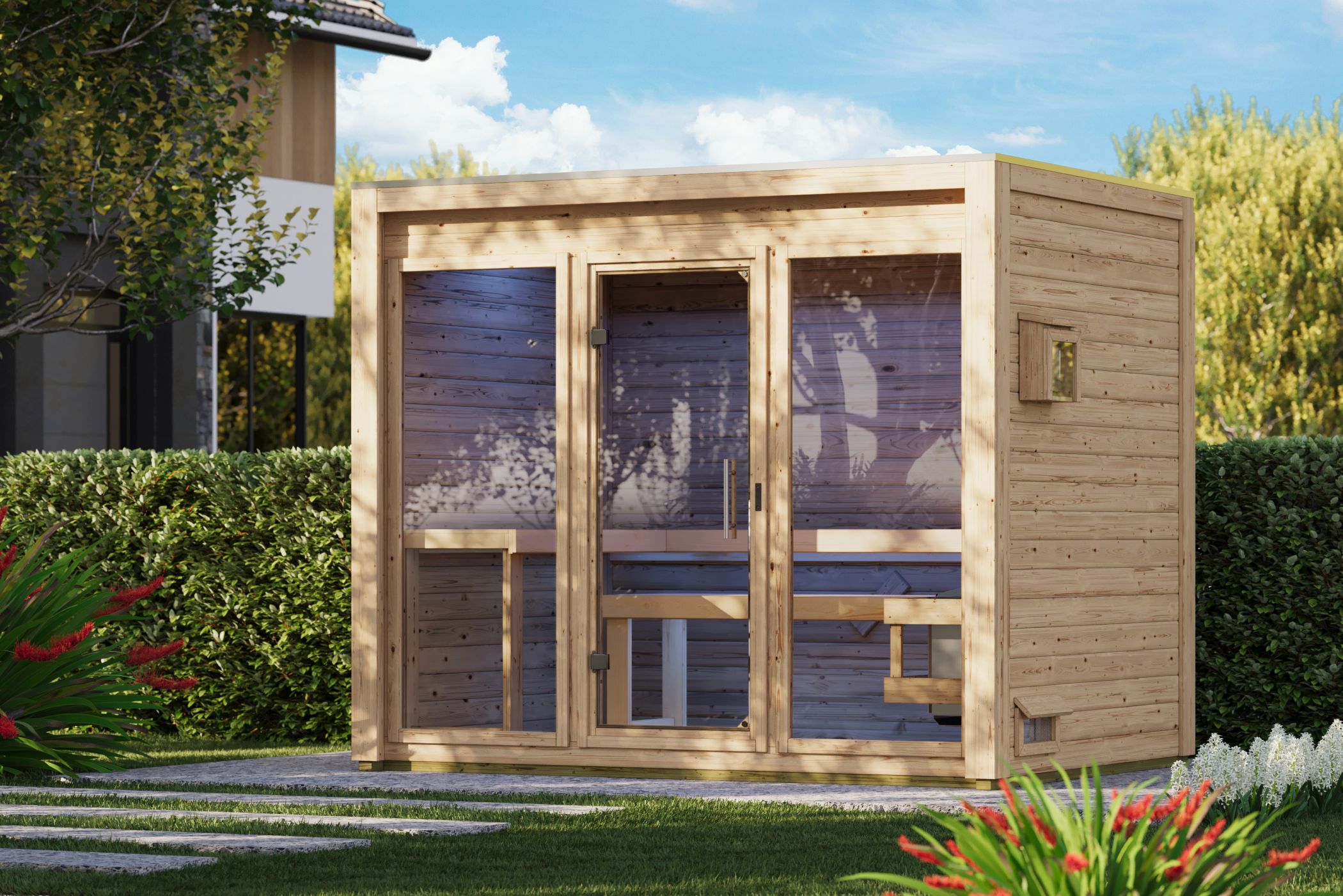 holzsauna, garten, sauna, holz, gläserne-tür