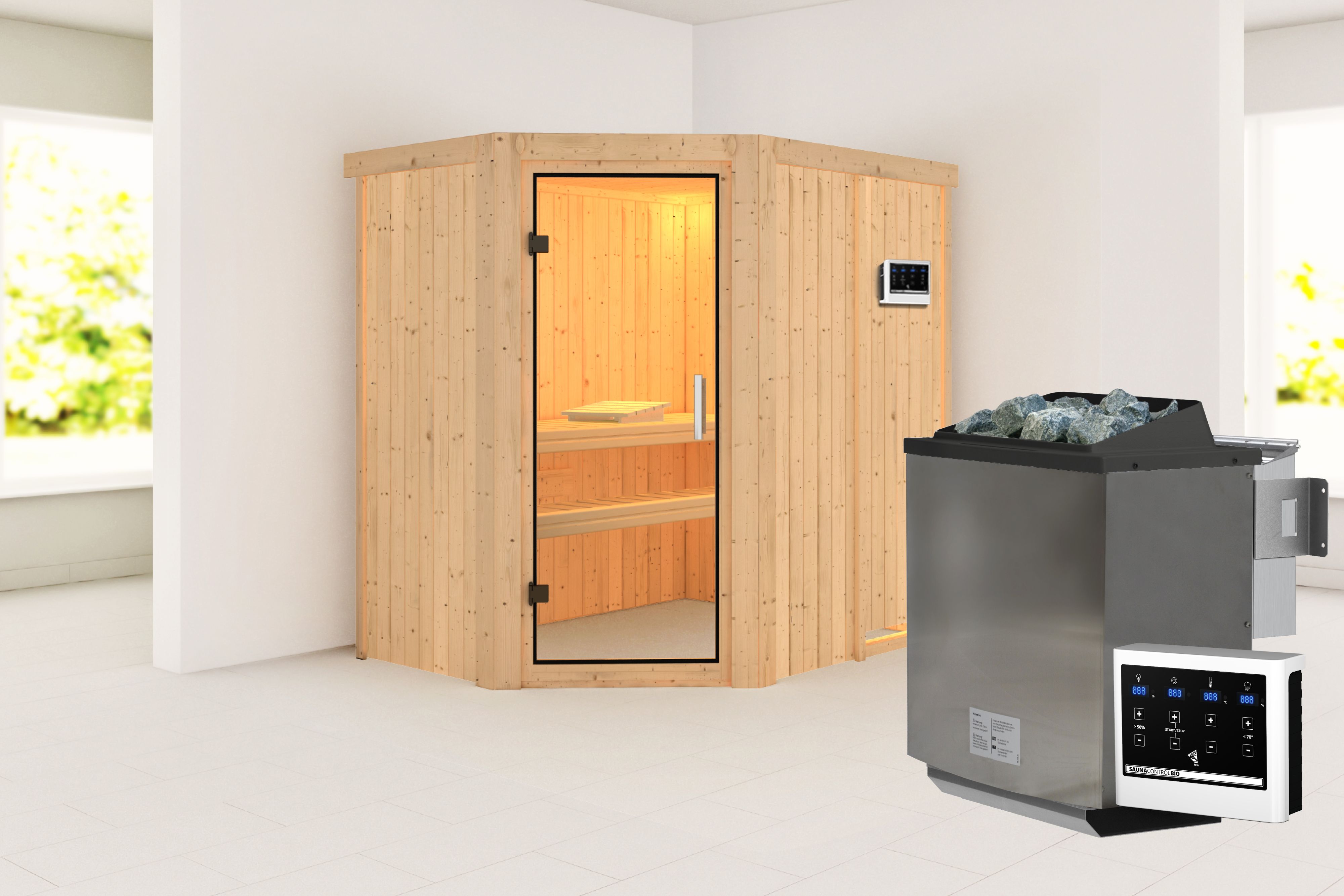 Außenansicht der Karibu Sauna Carin aus nordischer Fichte mit Klarglas-Ganzglastür und Fronteinstieg