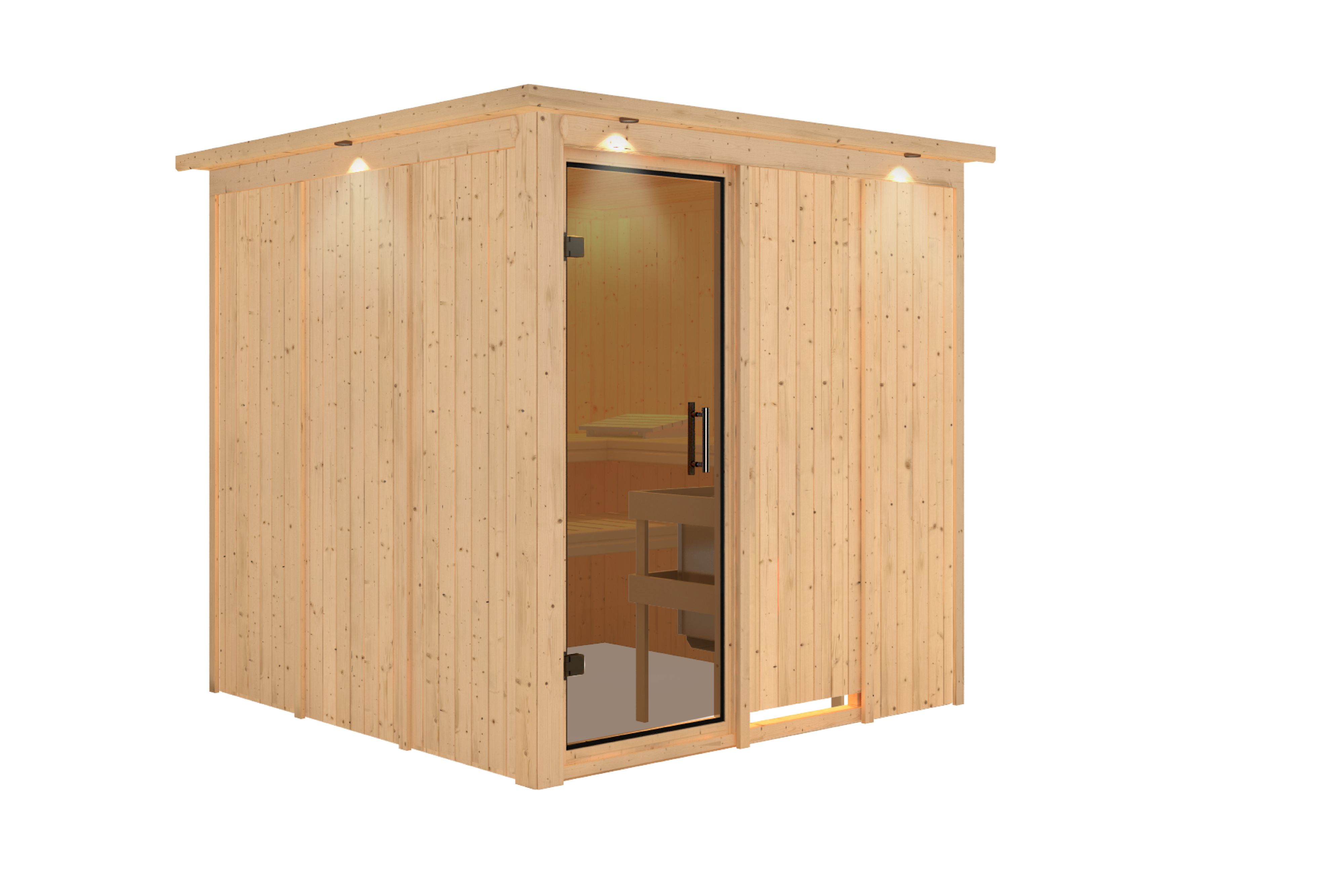 Innenansicht der Karibu Sauna Rodin mit Liegen und Kopfstütze aus hellem Espenholz
