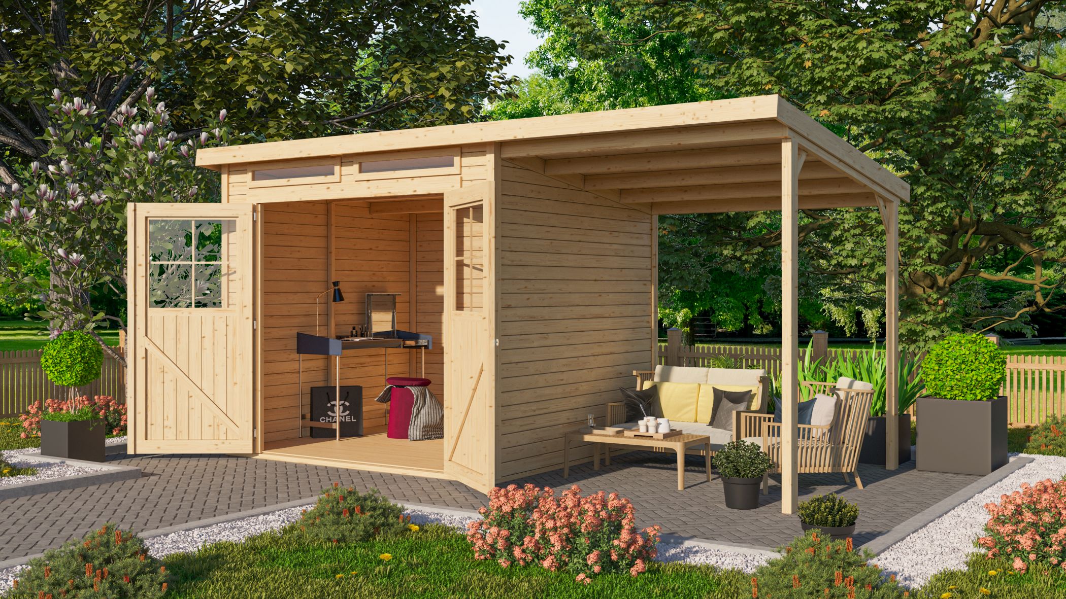 Karibu Gerätehaus Glücksburg 4 mit Anbaudach im Garten