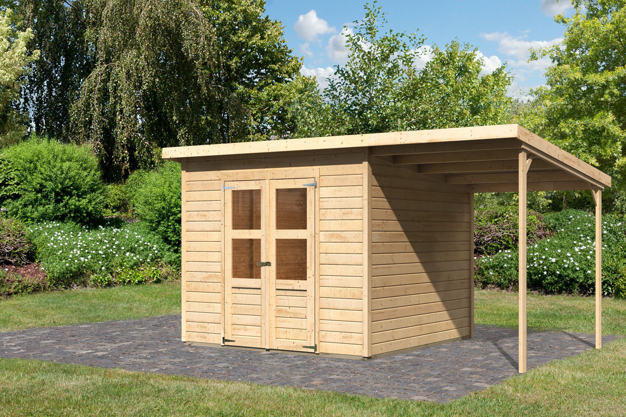 Karibu Gerätehaus Merseburg 6 in Naturbelassen und Anbaudach, Außenansicht