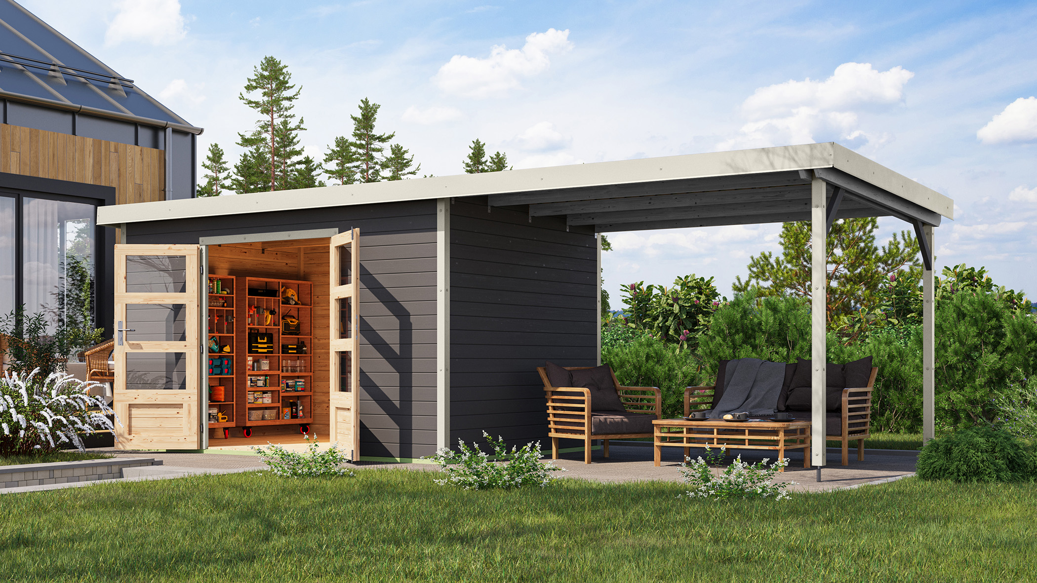 Pluto 7 terragrau mit 3,00 m Anbaudach / Metall: weiß / Lagerabverkauf