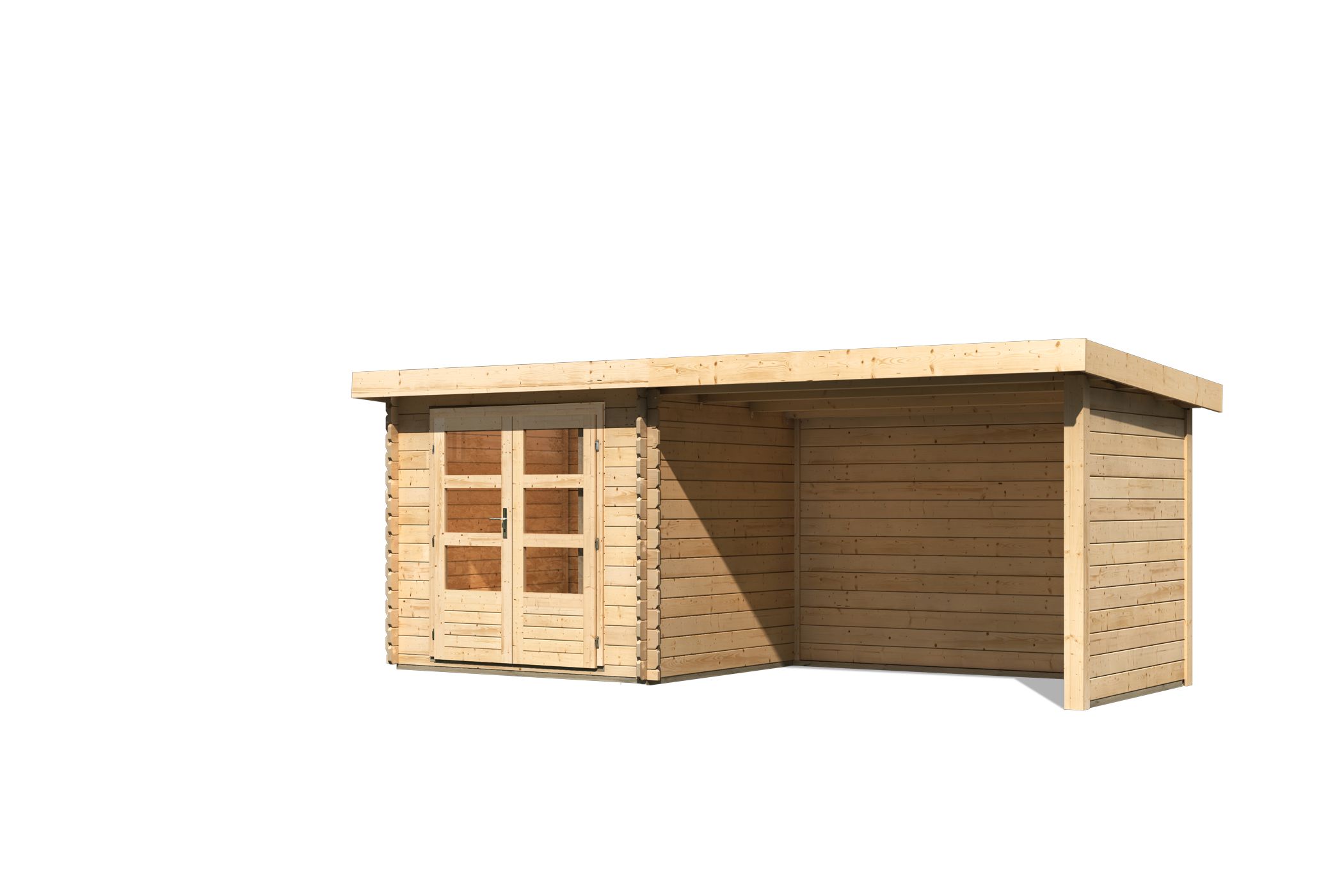 Karibu Gerätehaus Bastrup 2 in Naturbelassen und Anbaudach, Freisteller
