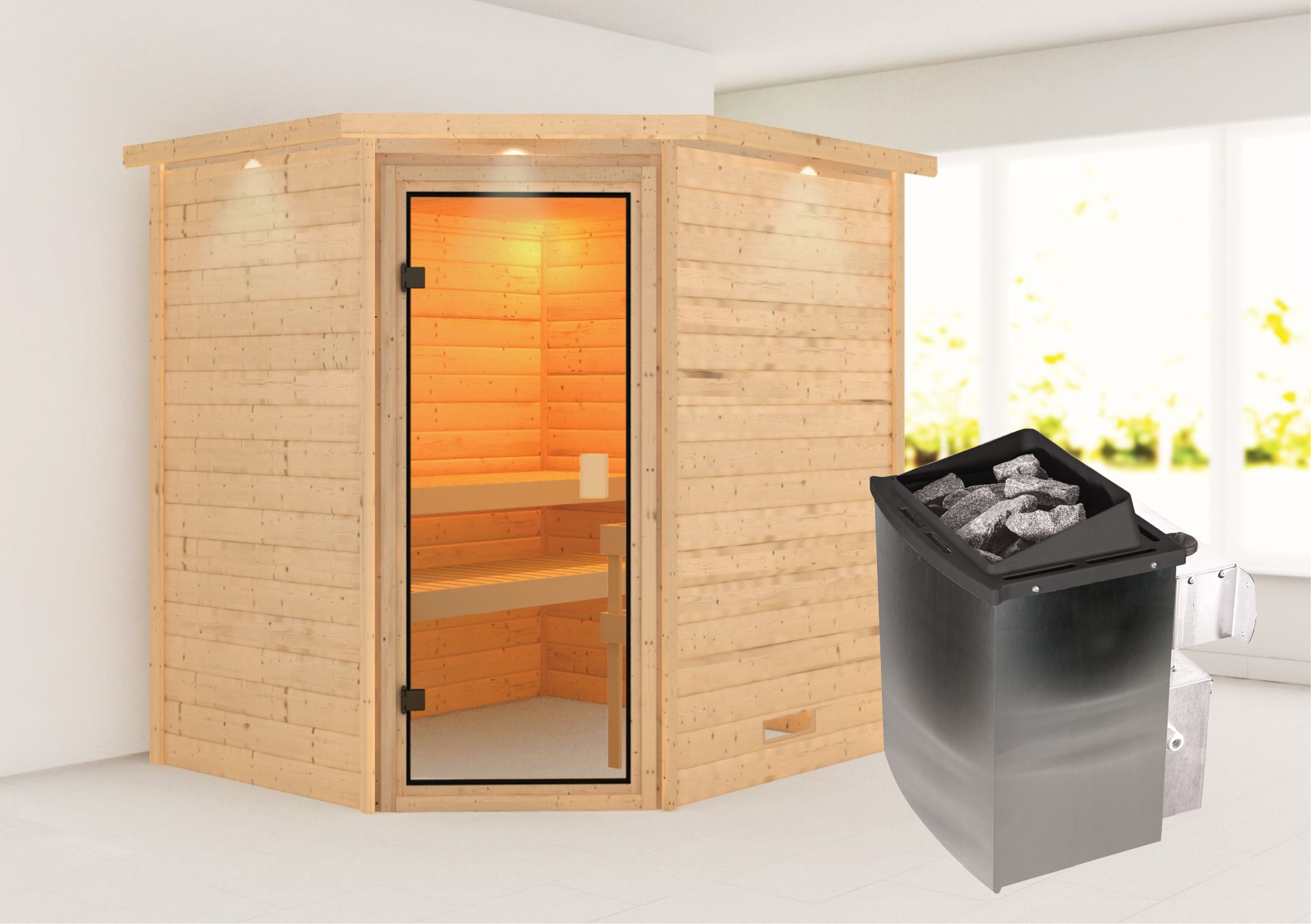 Außenansicht der Karibu Sauna Elea aus nordischer Fichte mit Ganzglastür und Fronteinstieg