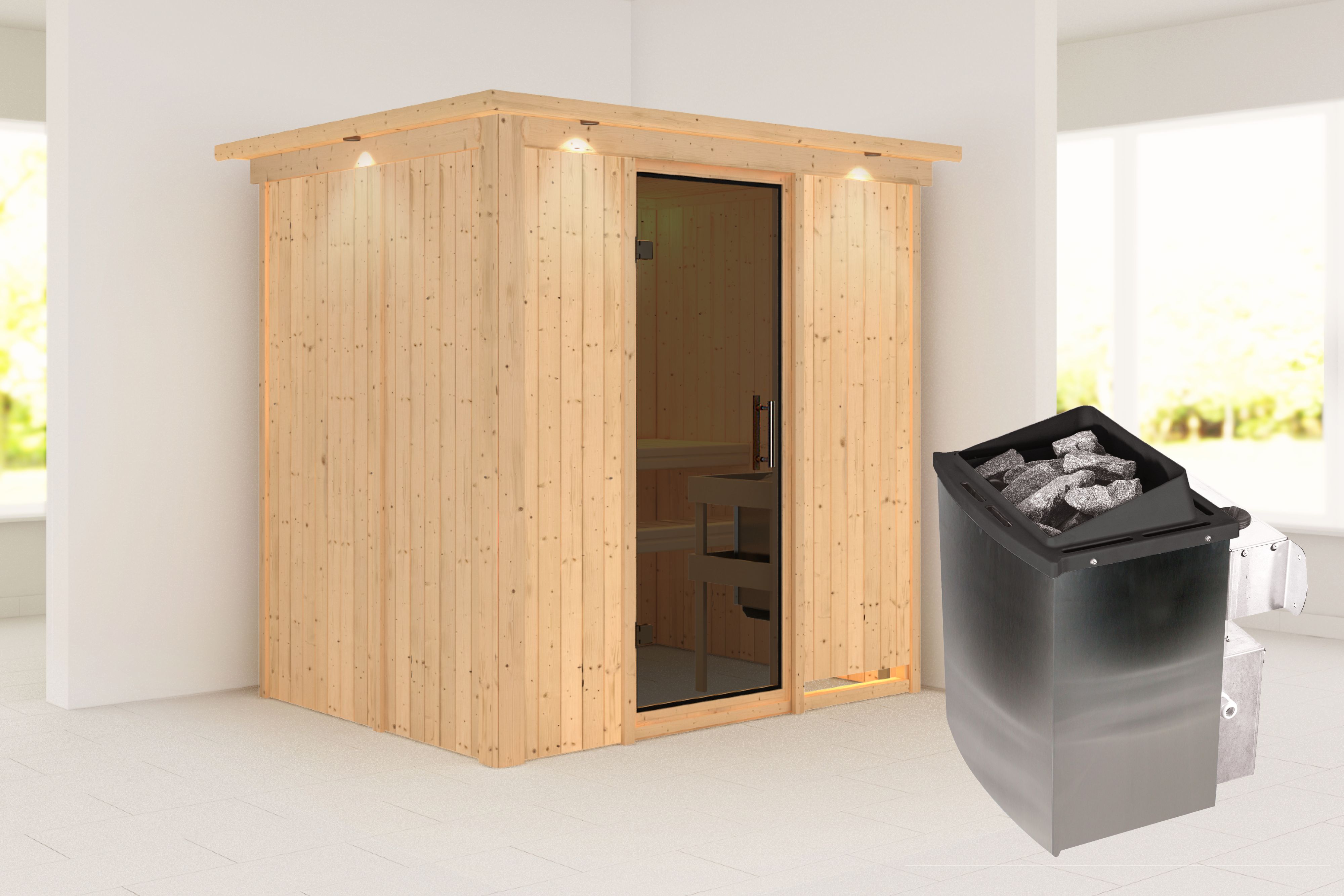Außenansicht der Karibu Sauna Bodin aus nordischer Fichte mit graphitfarbener Ganzglastür und Fronteinstieg