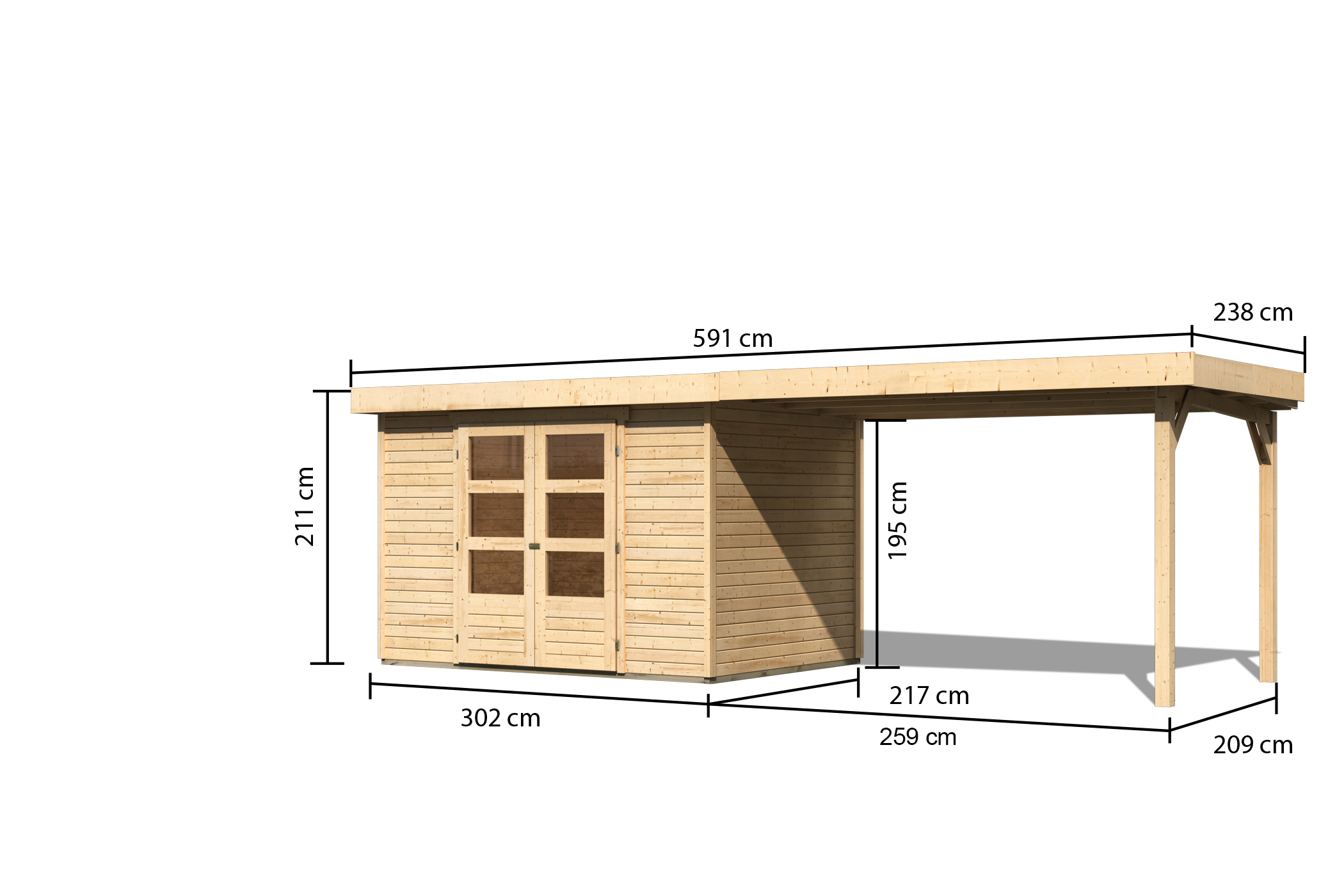 Bemaßte Maßzeichnung des Karibu Gerätehaus Askola 4 mit Anbaudach, 592 × 238 cm
