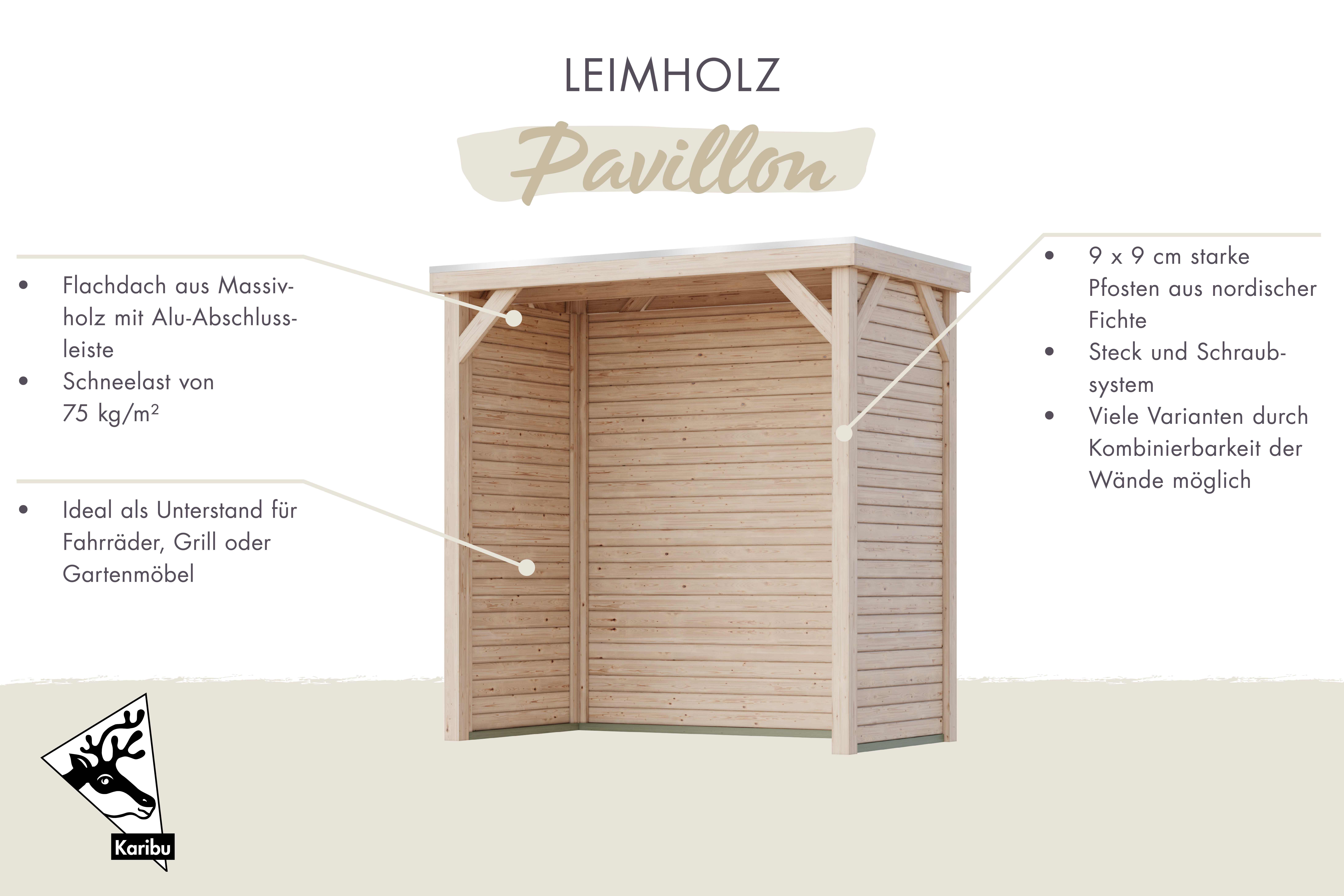 Karibu Grillpavillon aus Leimholz mit Flachdach im Garten als Ambiente-Ansicht